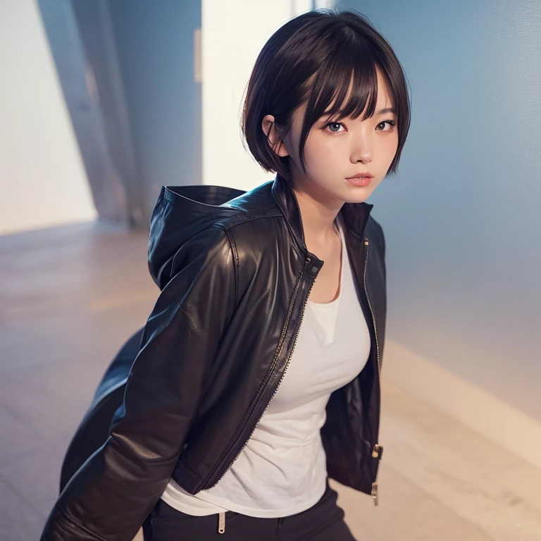 1girl in, 21years old, gradient, gradient_Background, up looking_で_viewer, Nero_hair, Solo by JM, Yoshiko Akishino, Shorthair