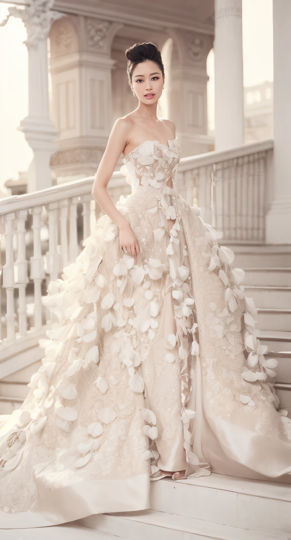 a asian woman in a white wedding dress standing on a set of stairs, dressed beautiful gown, intricate gown, stunning details, extravagant dress, long luxurious intricate gown, stunning elegant, very beautiful and elegant, beautiful and elegant, exquisite details, beautiful detailed elegant, full of details, robe. extremely high details, dramatic details, elegant and graceful, exquisite detail perfect