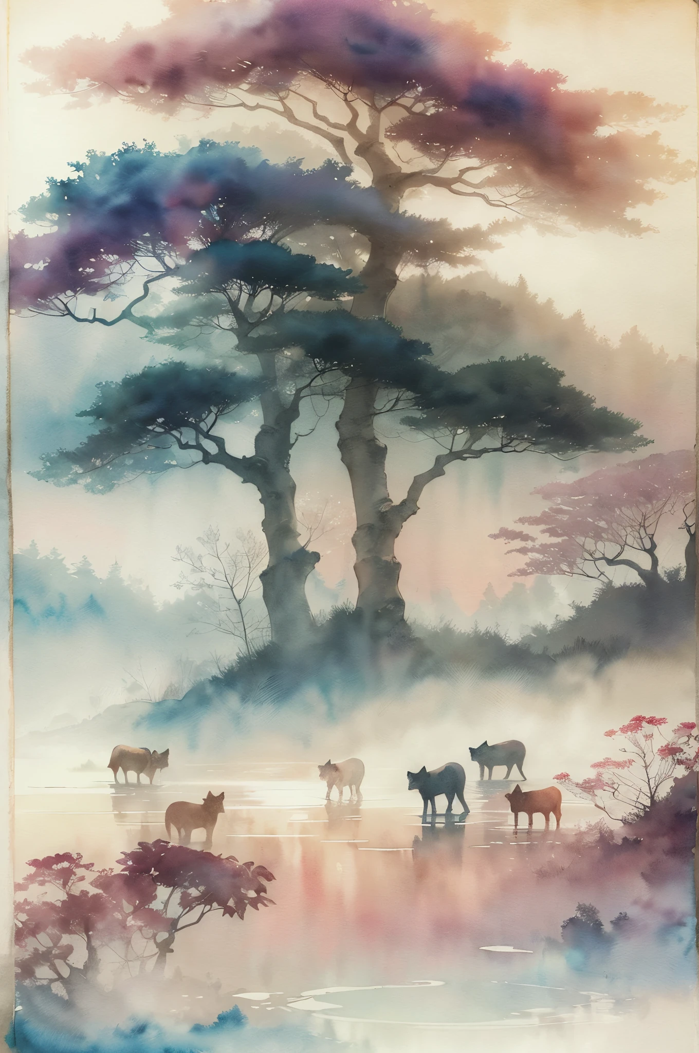 (Mysterious space of morning mist) Morning sun rises from the horizon and light shines through the darkness. Even the animals wake up from their beds, rubbing their sleepy eyes in the morning awakening light. The pleasant light makes them happy to start the day.(Ink on Japanese paper, which tends to bleed easily)(contemporary art like a picture book) (transparent watercolor) (light itself expressed as real) (layers of soft, rich colors) (shades of paint dissolved thinly with water) (deep, delicate colors)