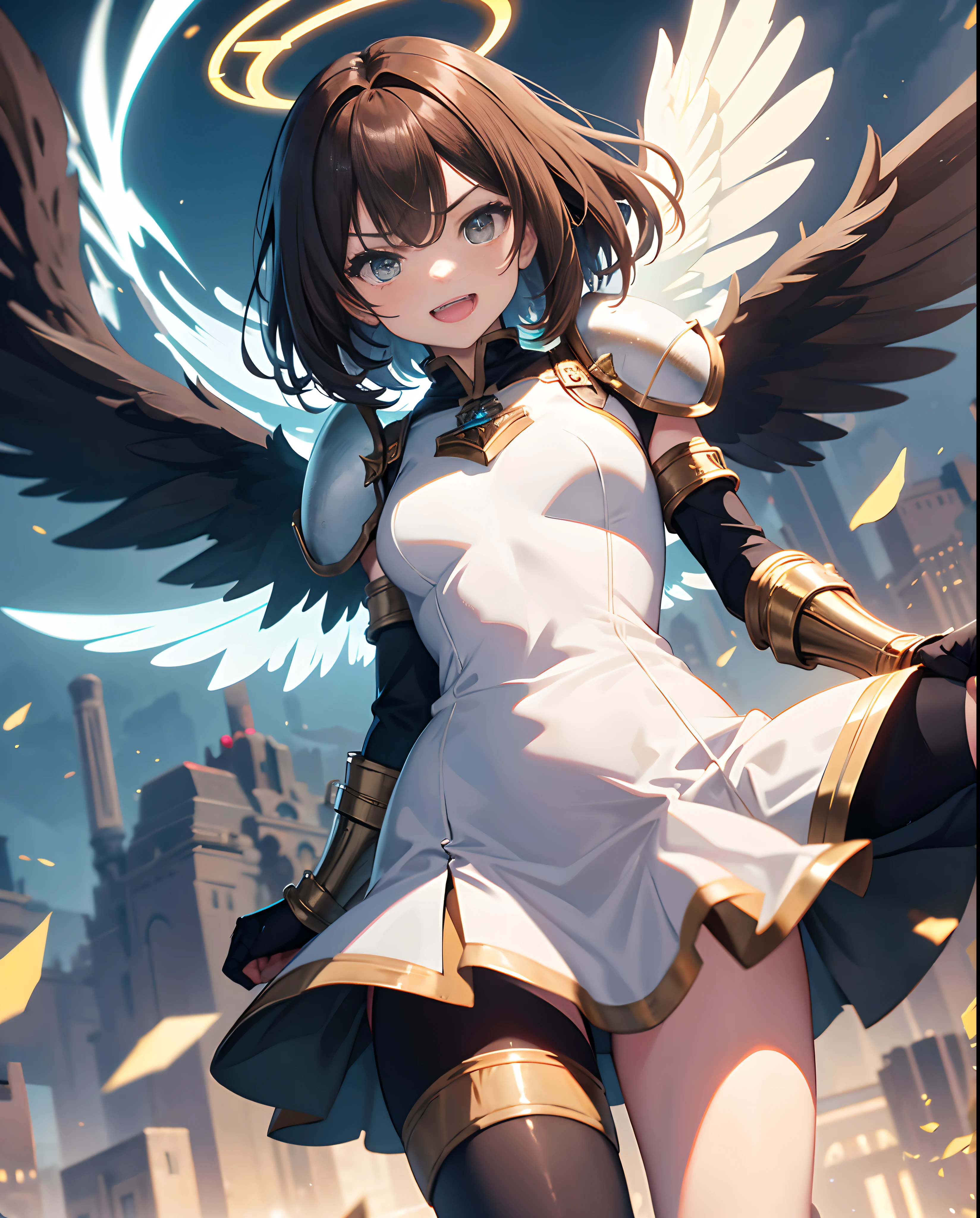 fantasy, 1angel_girl, loli,brown_hair, medium_bob_hair, long_bangs, halo,bare_shoulder, thighhighs,silver_armor, waist_armor, medium_breasts,angry,smile,open_mouth_teeth, 1pair_ wings, dynamic_pose_flying,floating, bare_crotch, headgear,gauntlet, greaves,city_sky_background,slightly_spread_legs, solo, groin