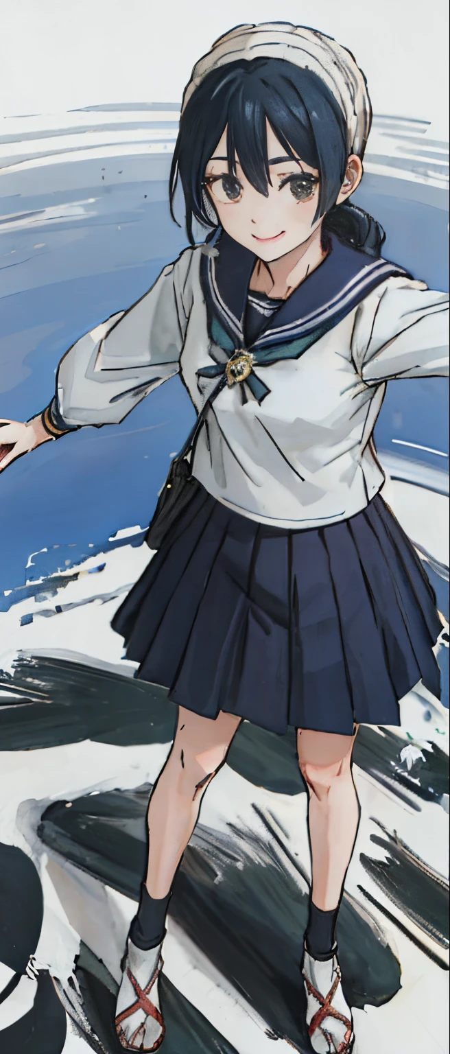 ((4k、masterpiece、top-quality))、shuimobysim、traditional Chinese ink painting、(Riko Ten(Jujutsu Kaisen))、Sailor Uniform Uniform、a black skirt、One girl dressing up modestly、独奏、long black hair、a smile、is standing、Feet in the water、bare-legged、