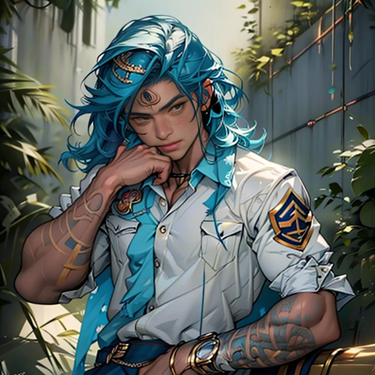 Ilusyracion En jhon cantante sargento, natural lighting, colores vibrantes suaves, a gorgeous, guapo, Perfect anatomy, Proporciones divinas, cuerpo delgado y rasgado, realistic and detailed muscles, alto, latino, Un joven parado en una sala de estar de estilo victoriano,