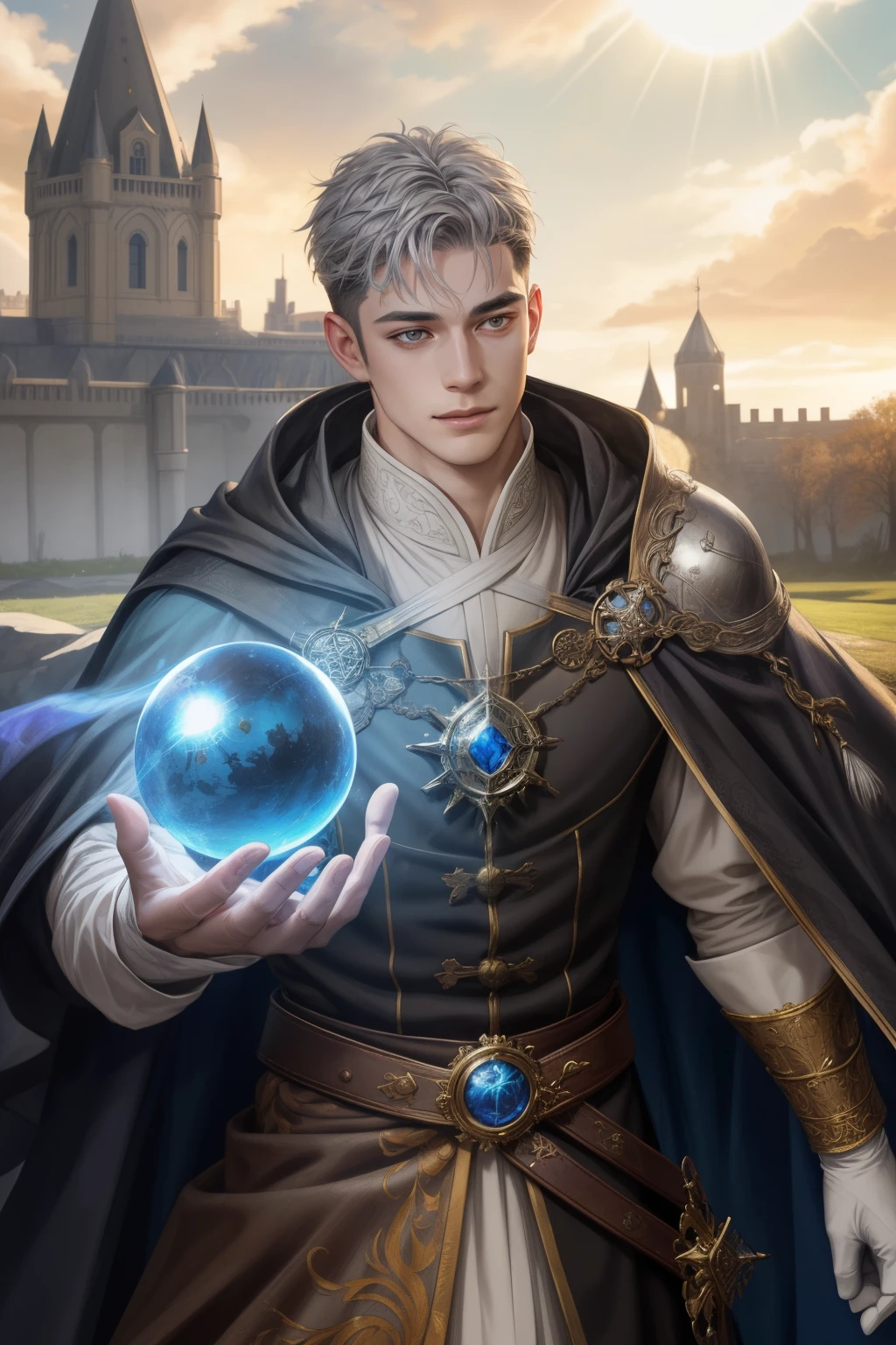 (Absurdres, Intricate Details, Masterpiece, Best Quality, High Resolution, 8k), 1 male, masculine, young, aged up, dreadful, finely detailed eyes and face, gray short back and sides hair, black eyes, portrait, looking at viewer, solo, (full body:0.6), detailed background, (RootsBranchesAI theme:1.1) glowing eyes, gentle smile, high fantasy, cleric, casting healing spell, hovering in air, sunshine, floating leaves, color cape, gloves, magic sphere, divine spell, mana, bright realistic lighting, marble castle in background, peaceful atmosphere, tiara of light hovering above head, , Depth of Field, VFX.