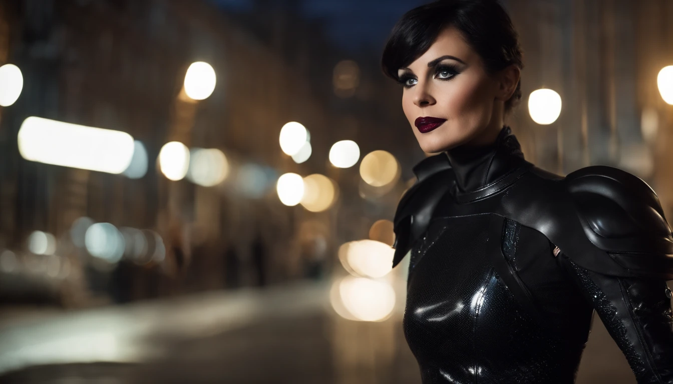 Extremely detailed, very sharp, Best Quality, femele, Sophie Thatcher face, Black Rider Latex Suit, Tall and lean body, harness, natta, Night street, illumination, Very short black hair, heavy make-up, pauldrons, holster,