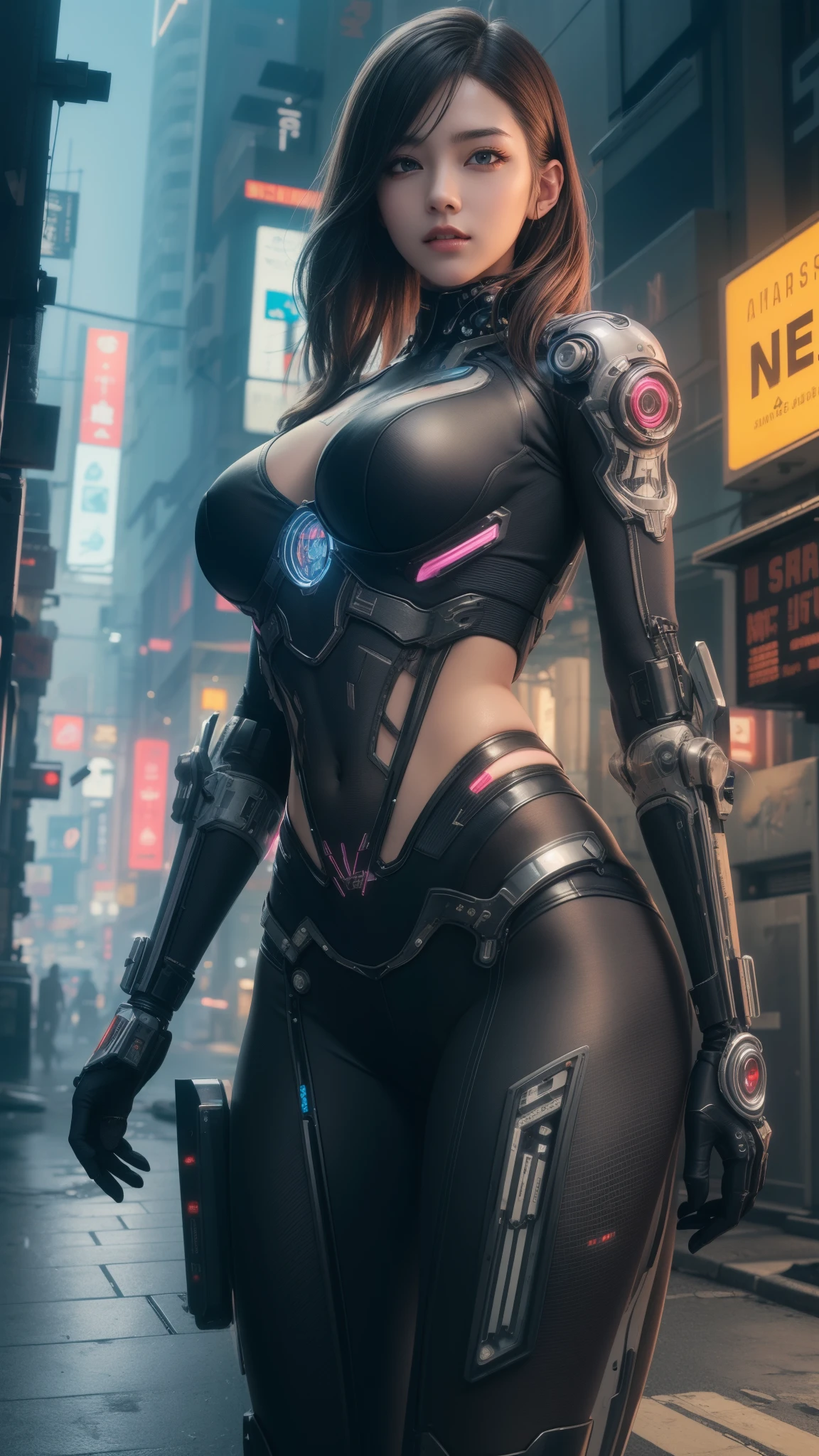 Beautiful photograph of Reika Shimohira as a Nekomata girl, ssmile, slender body, Inside  (body builder:0.7),slender hips, big breasts, wearing mecha sexy armor ((cyberpunk armor top and waist)) with neon trim, ((high-tech suite)), science fiction, cyberpunk city in the background, Gantz, In the Style of Cyberpunk 2200, Ultra realistic photo, masterpiece, best quality, CG, wallpaper, HDR, high quality, high-definition, extremely detailed, {beautiful detailed face}, {beautiful detailed eyes}, (detailed light){{intricate detail}}, {highres}, ((detailed face)), neon light, chiaroscuro, key visual, intricate detail, highly detailed, breathtaking, vibrant, cinematic