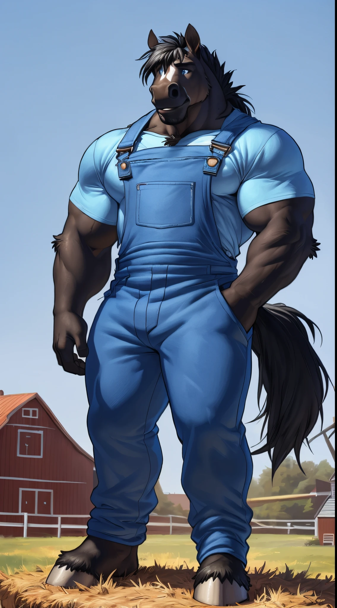 ((solo)), anthro drafthorse, (grey fur, black mane, darker nose and hands:1.3), ((equine face)), male, late twenties, athletic, abs, (veiny, ripped muscles, flat belly:1.3), (correct anatomy, heavy build, massive body, wide hips, wide torso), (realistic fur, detailed fur texture:1.5), detailed background farm, photorealistic, (shorts:1.3), (bulge with outline:1.2), bare torso, (detailed clothing), hyperrealistic, ultradetailed, by kenket, natural lighting, sweat, wet, exhausted, kneeling down, bend down position, epic, steaming breath clouds