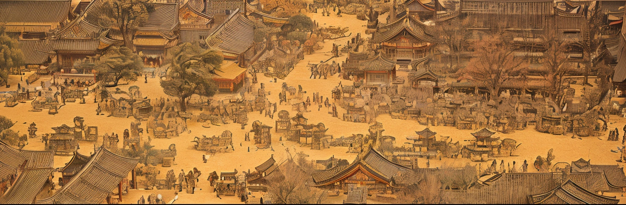 Ancient Chinese bazaar，lots of people，Chinese Ancient Architecture，the trees，Photography level，Realistic effects，SENSE OF CINEMA，high qulity，8k，Natural colors