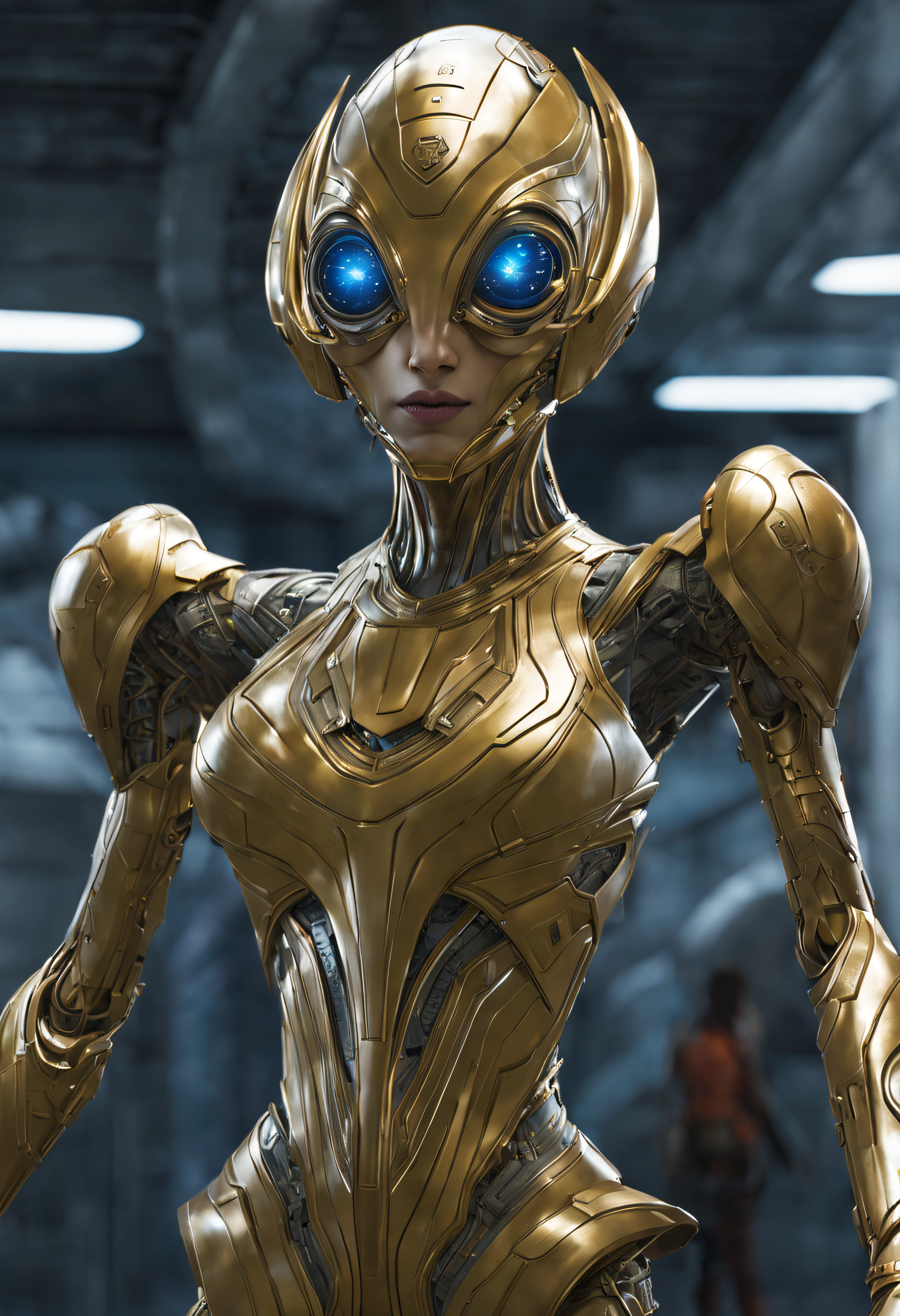(cuerpo completo), extraterrestrial alien female similar to naytiri princess of the people of the planet mül from the film Valerian and the city of a thousand planets , cuerpo atletico y exuberante, ojos verdosos, piel ligeramente anaranjada, vestida de traje de noche corto, engarzado con oro refulgente, priedras preciosas de colores y diamantes, ((se encuentra en centro de control de estacion espacial)), detalles intrincados de la maquina de alta calidad), estilo cinematografico, nitidez absoluta, imagen 8k.(obra maestra).fondos de pantalla, ultra detallado.