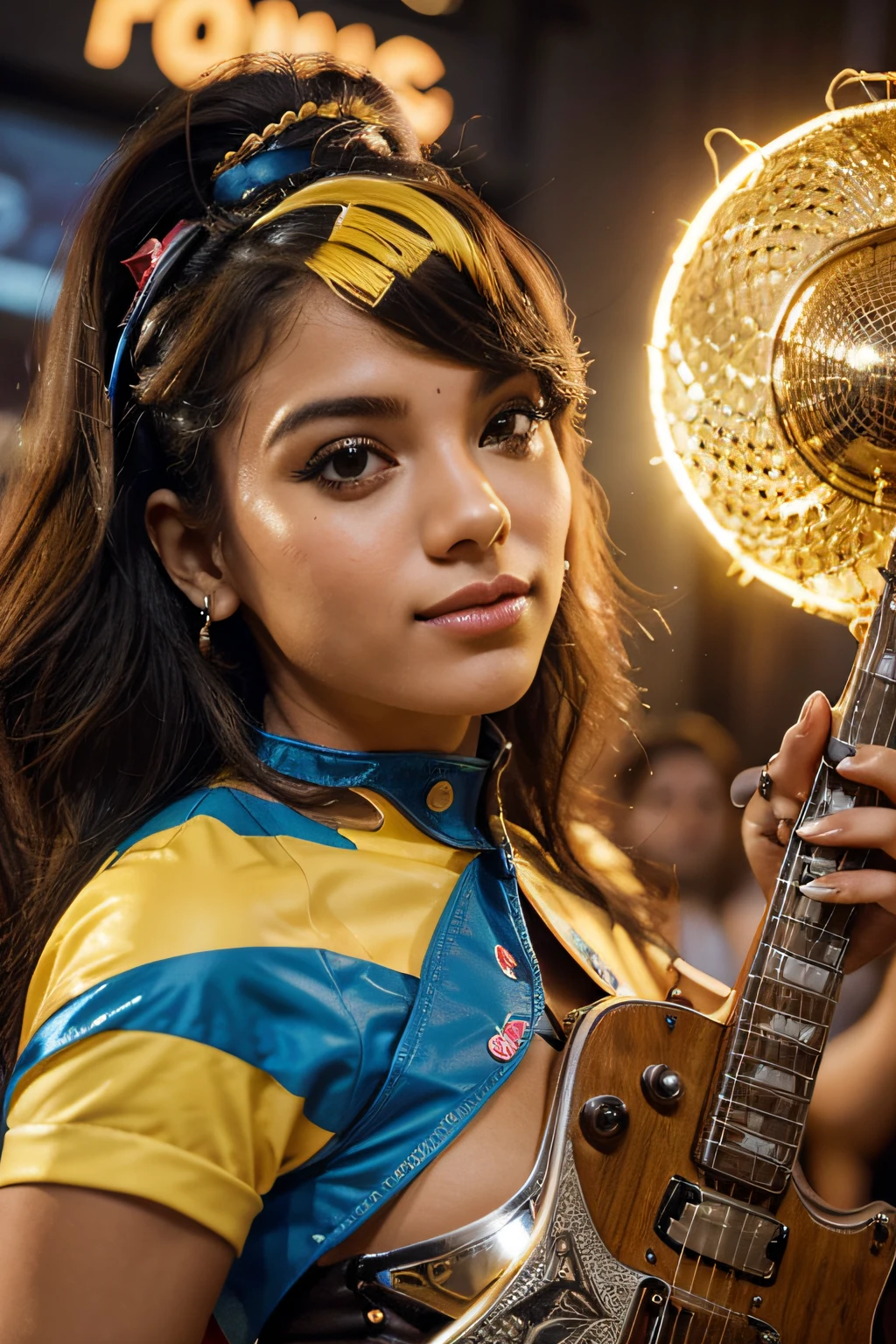 "Por favor, crie uma personagem feminina realista e bonita, inspirada em cantoras famosas de funk e pop brasileiras. She must have striking features, stylish hair and confident expression. Use your creativity and AI technology to make it unique!"