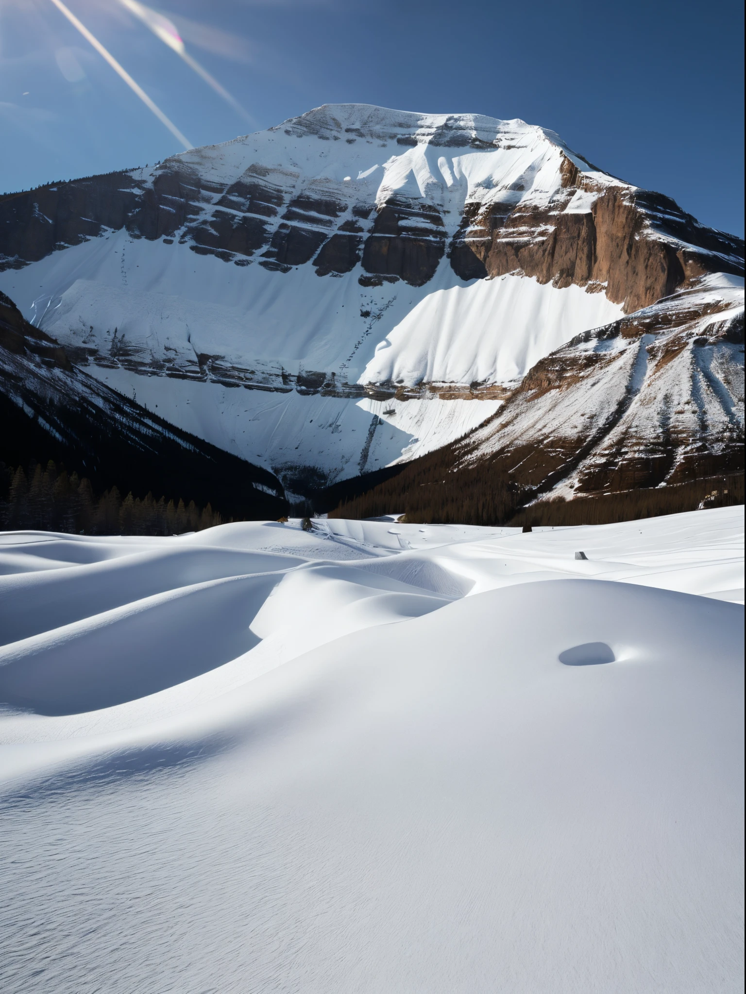 Photograph of a snowy mountain (good composition), (in frame), centered, 8k, 4k, detailed, attractive, beautiful, impressive, photorealistic, realistic, cinematic composition, volumetric lighting, high-resolution, vivid, detailed, stunning, professional, lifelike, crisp, flawless, DSLR, 4k, 8k, 16k, 1024, 2048, 4096, detailed, sharp, best quality, high quality, highres, absurdres