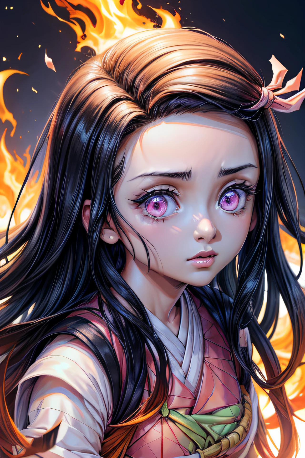 (Ultra Real), (Illustration), (High Resolution), (8K), (Very Detailed), (Best Illustration), (Beautiful Detailed Eyes), (Best Quality), (Ultra Detailed), (Masterpiece), (Wallpaper), (Detailed Face), Night Up Upper Body, ,Long Hair,Solo,Simple Kimono Top Girl, Sweaty, Japan Person, Big Tits, (fire) Nezuko Kamado, Red Eyes,