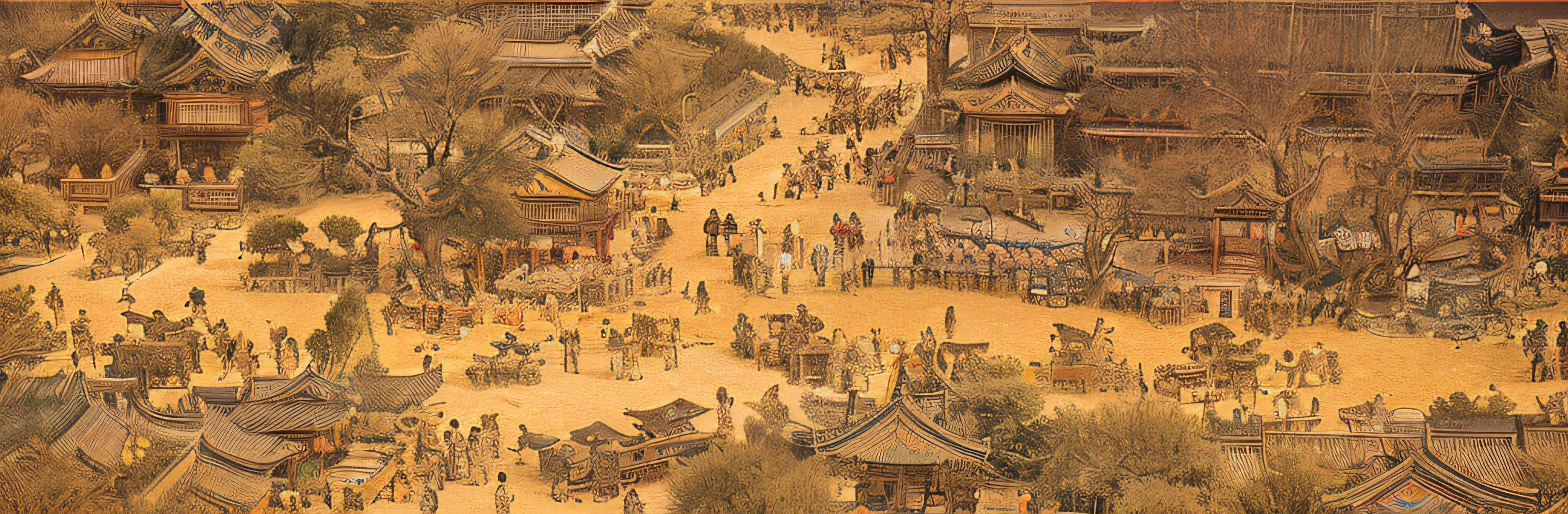 Ancient Chinese bazaar,lots of people,Chinese Ancient Architecture,the trees