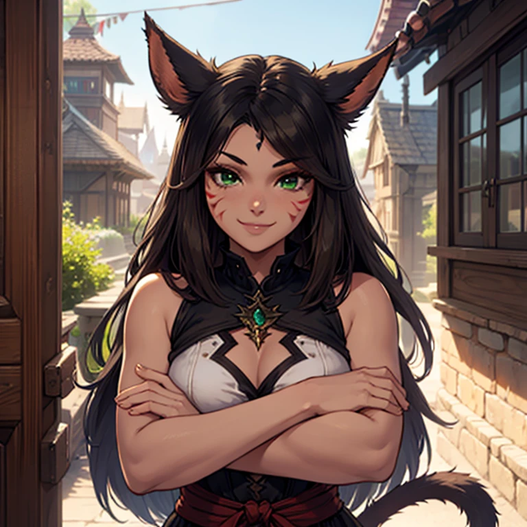 female Miqo'te Final Fantasy 14, samouraï kimono , Arms crossed, Dark hair, Green eyes, Tail, brown skin tone, tanned skin, cat's tail; portrait, smiling face, tribal mark, exterior scene,