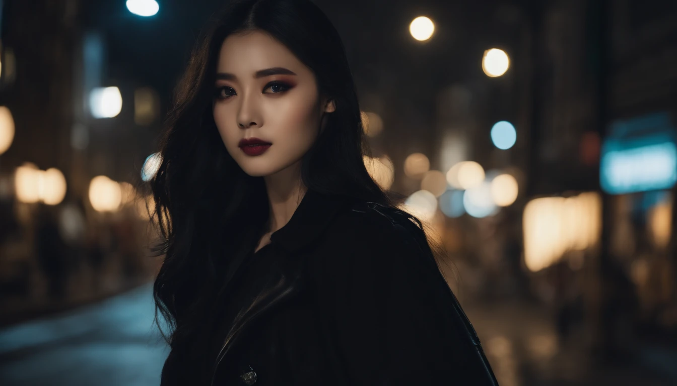 best quality,ultra-detailed,kpop girl,slim figure,long black hair,dark makeup,time slip,night,street lights,sharp,high contrast,put in shoulder pads