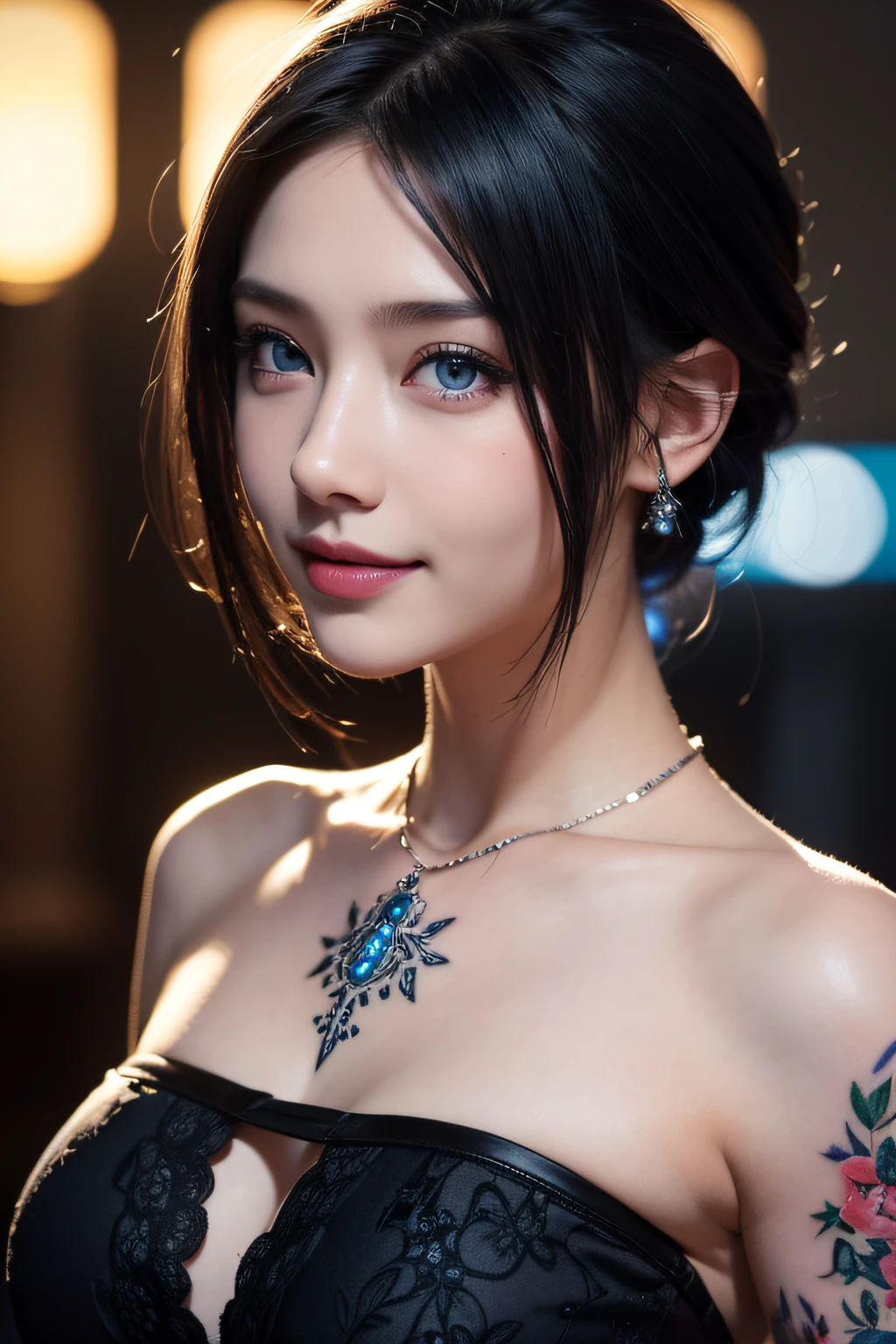 masterpiece, best quality, high quality, Very detailed CG uniform 8k wallpaper, 1 Girl, Solitary, Blue Hair, Tattoo, short hair, have, Jewelry, Smile, necklace, Looking at the audience, have, Practical, open mouth, teeth, Upper Body, Vest, nose, Bare shoulders, Artist Name, Black headdress, clavicle, arm Tattoo, blue eyes, Lips, Vague, painting, Award-winning photography, Bokeh, Depth of Field, HDR, bloom, Chromatic Aberration, realism, Very detailed, artstation Intricacy, High Detail, dramatic, midjourney's Artwork