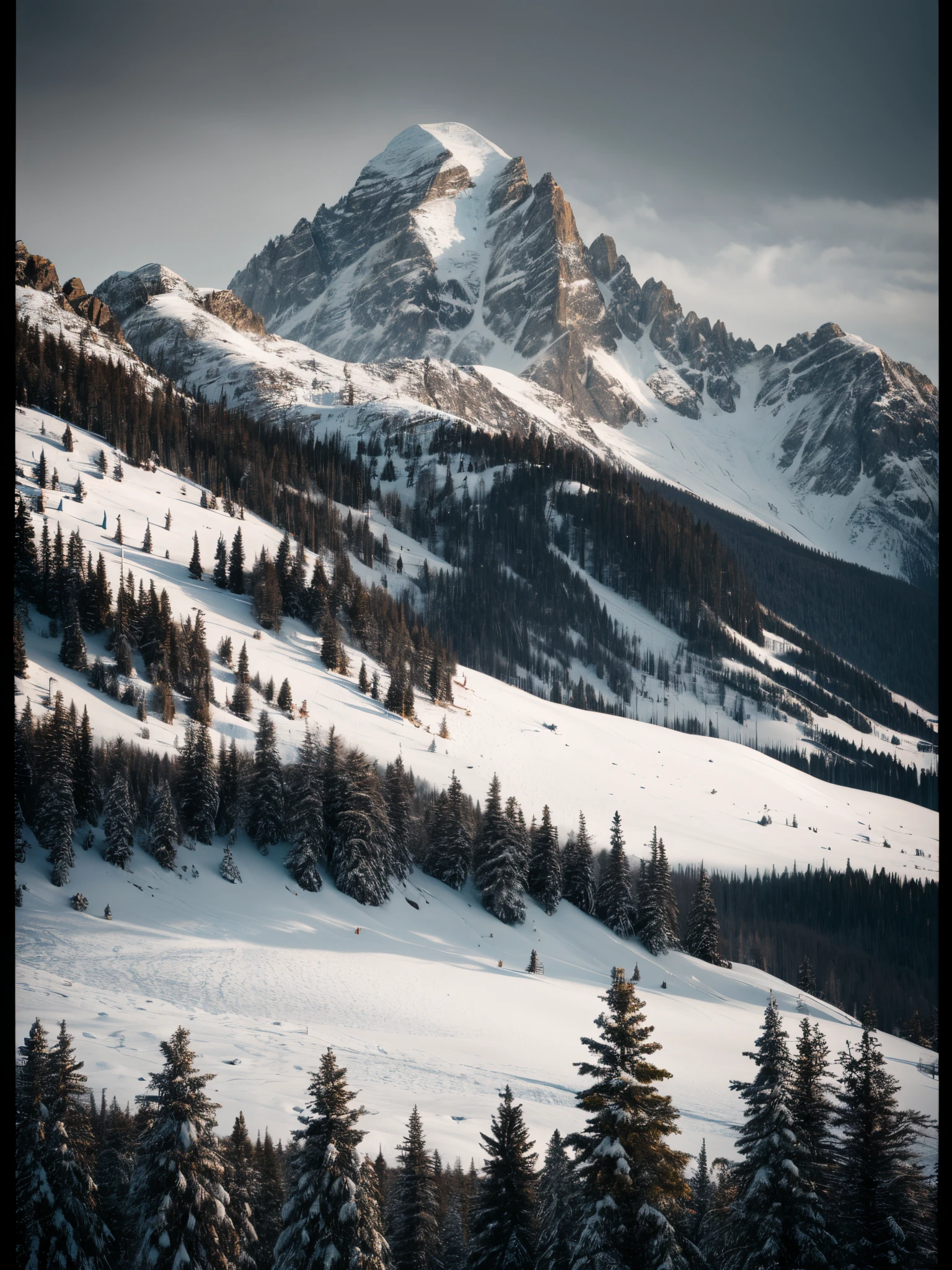 kirkwood, Mountain theme, soothing tones, muted colors, high contrast, simple background, contrast, texture, realism, high-quality rendering, stunning art, high quality, film grain, Fujifilm XT3, detailed