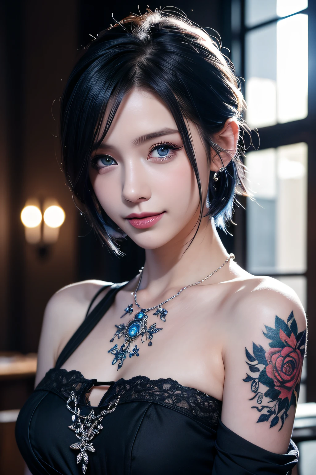 masutepiece, Best Quality, High quality, Extremely Detailed CG Uniform 8k Wallpaper, 1girl in, Solo, black to blue hair, The tattoo, Short hair, Jewelry, Smile, Necklace, gaze at the audience, Realistic, Open mouth, tusk, Upper body, vests, Nose, Bare shoulders, artist name, 鎖骨, arm tattoos, Blue eyes, Lips, blur, Oil Painting, awardwinning photo, Bokeh, depth of fields, nffsw, bloom, chromatic abberation, Realism, Very detailed, Art Station Complex, high detailing, Dramatic, Art by Midjourney, A smile, black mini dress with open neckline