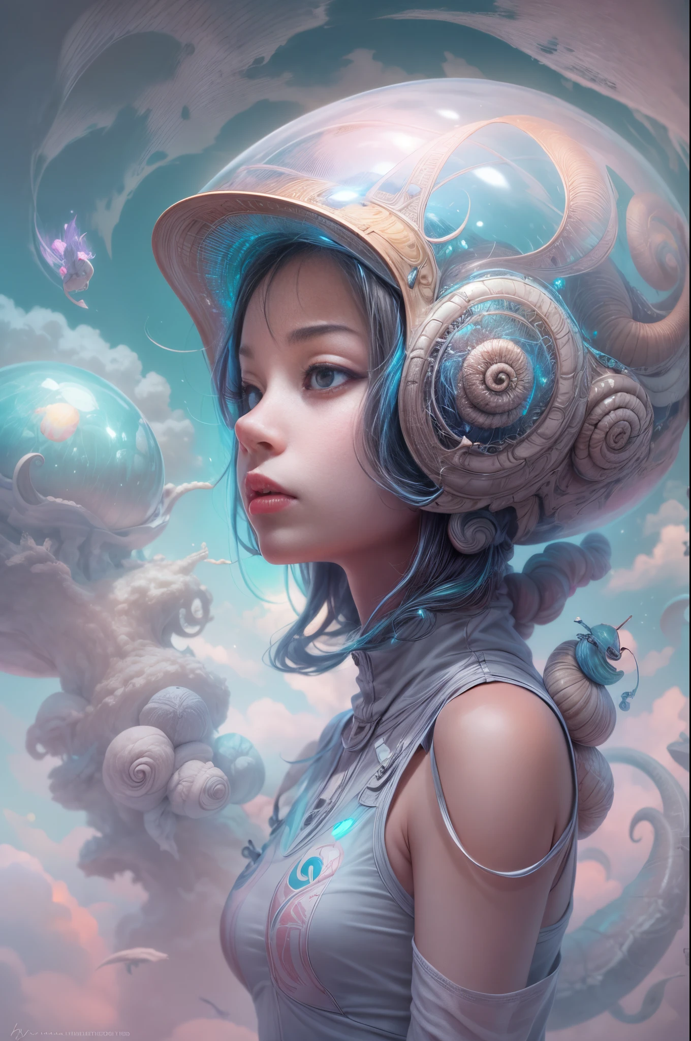 "Alien girl in a futuristic helmet, ethereal snail companion, mystic aura, otherworldly clouds, dreamlike"