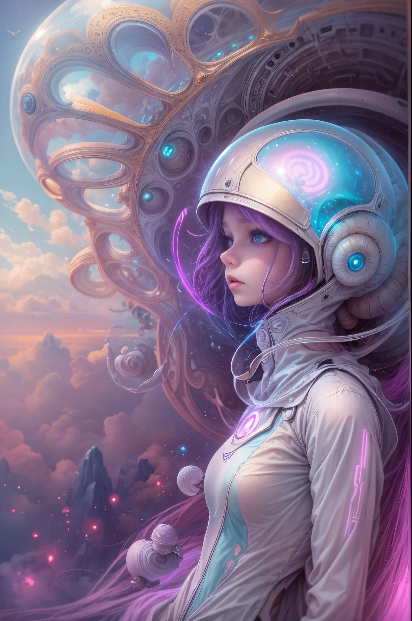 "Alien girl in a futuristic helmet, ethereal snail companion, mystic aura, otherworldly clouds, dreamlike"