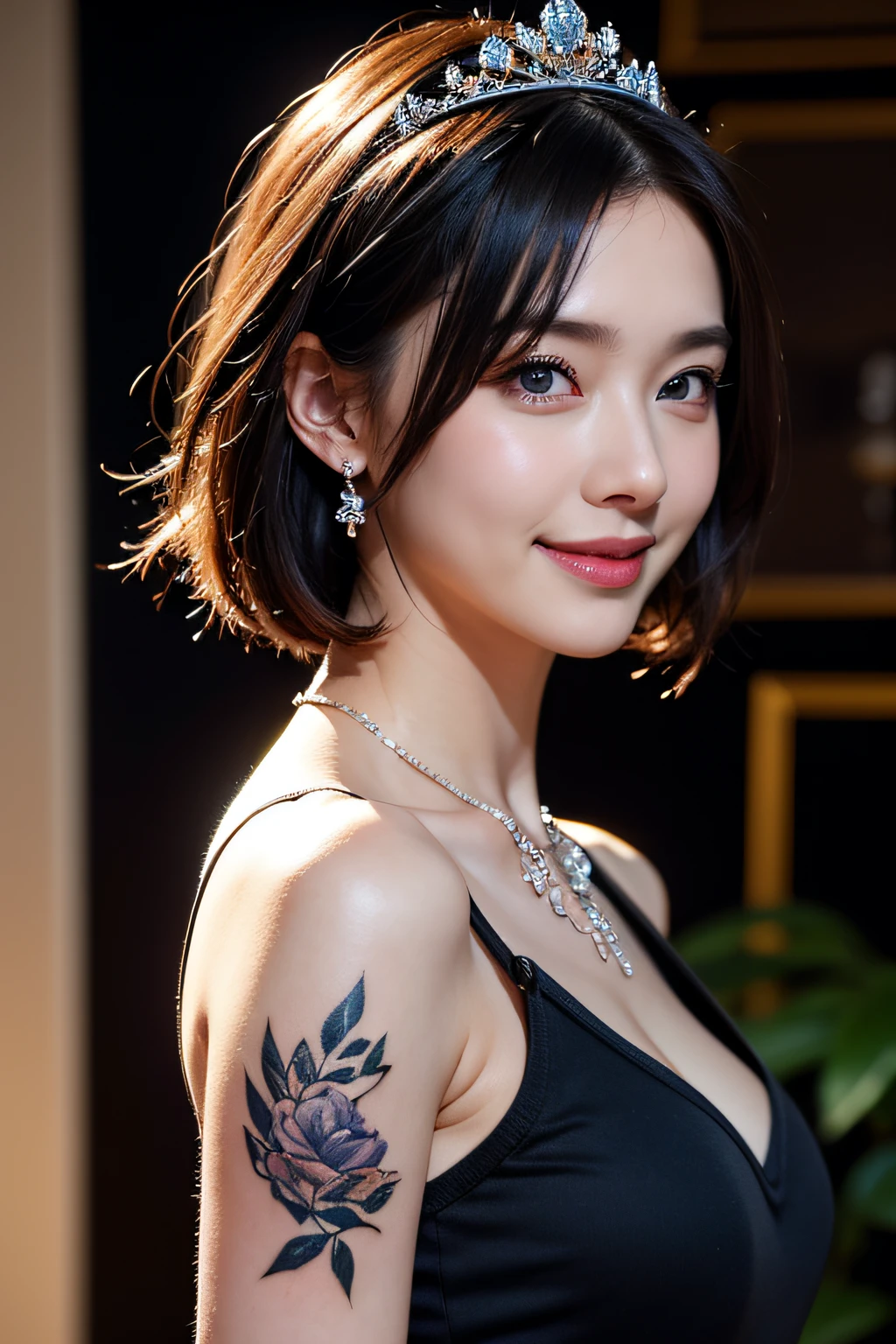 masutepiece, Best Quality, High quality, Extremely Detailed CG Uniform 8k Wallpaper, 1girl in, Solo, black to blue hair, The tattoo, Short hair, Jewelry, Smile, Necklace, gaze at the audience, Realistic, Open mouth, tusk, Upper body, vests, Nose, Bare shoulders, artist name, Black tiara, 鎖骨, arm tattoos, Blue eyes, Lips, blur, Oil Painting, awardwinning photo, Bokeh, depth of fields, nffsw, bloom, chromatic abberation, Realism, Very detailed, Art Station Complex, high detailing, Dramatic, Art by Midjourney, a smile, Black Mini Dress