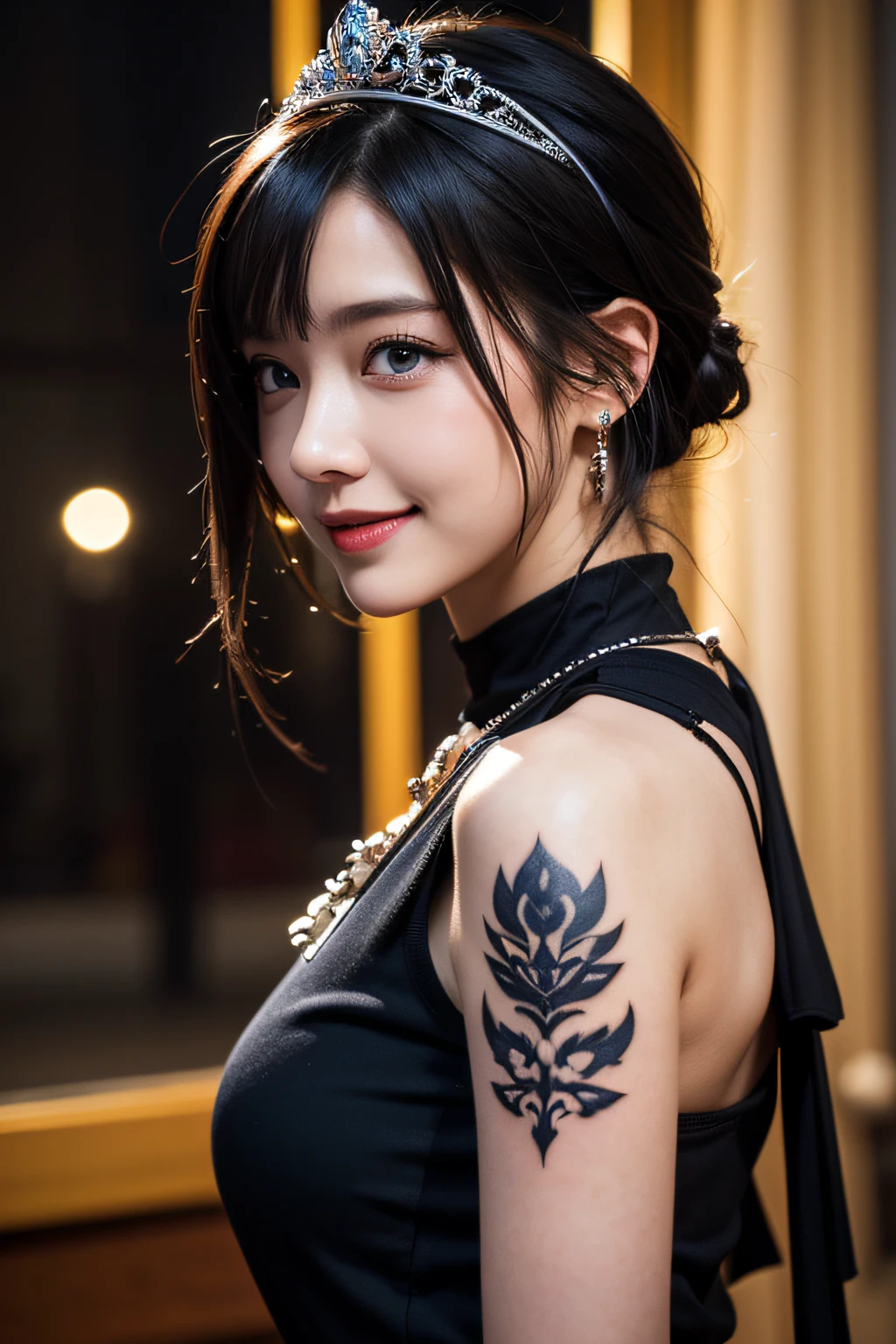 masutepiece, Best Quality, High quality, Extremely Detailed CG Uniform 8k Wallpaper, 1girl in, Solo, black to blue hair, The tattoo, Short hair, Jewelry, Smile, Necklace, gaze at the audience, Realistic, Open mouth, tusk, Upper body, vests, Nose, Bare shoulders, artist name, Black tiara, 鎖骨, arm tattoos, Blue eyes, Lips, blur, Oil Painting, awardwinning photo, Bokeh, depth of fields, nffsw, bloom, chromatic abberation, Realism, Very detailed, Art Station Complex, high detailing, Dramatic, Art by Midjourney, a smile, Black Mini Dress