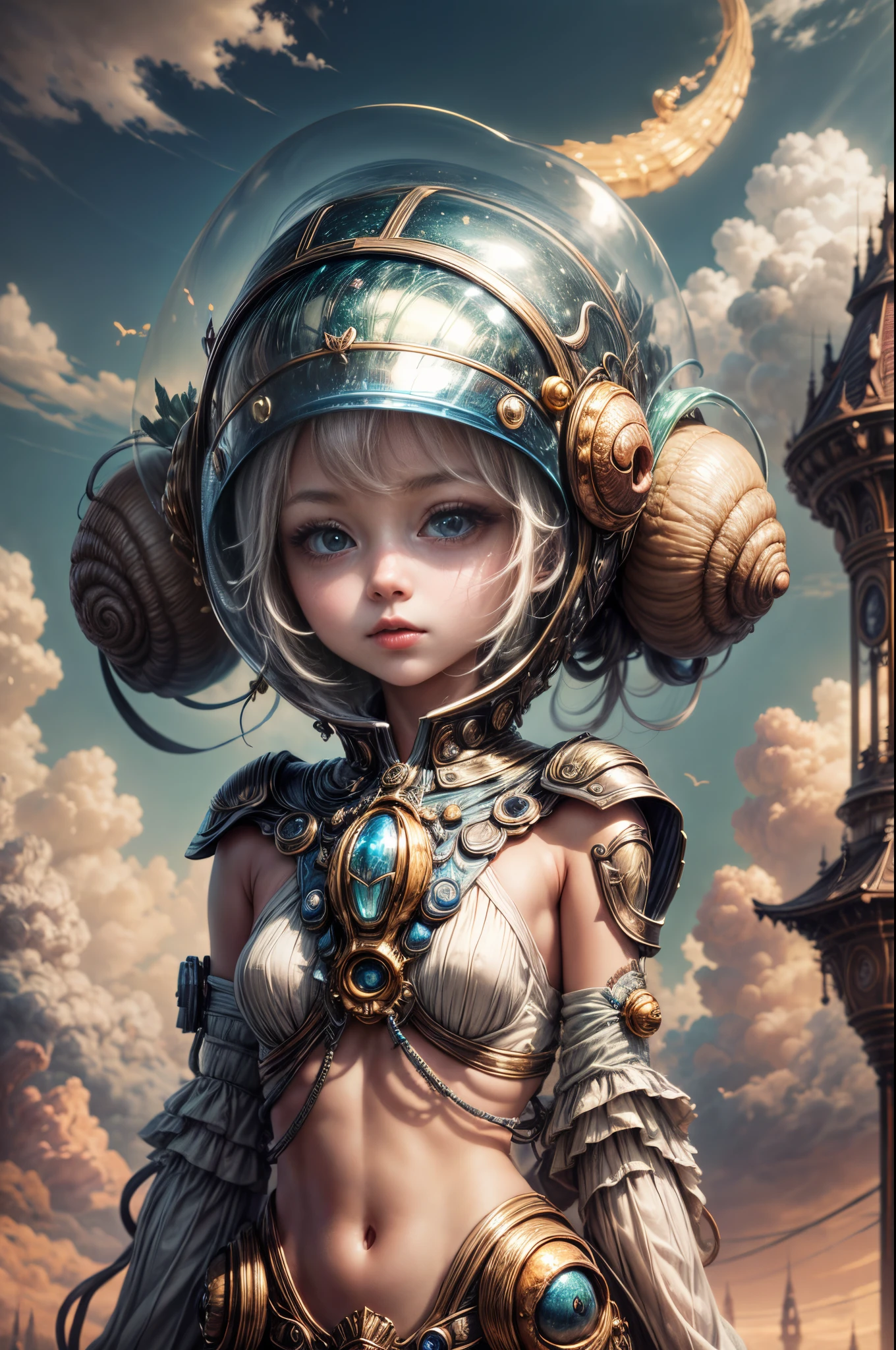 "Painterly depiction of an alien girl, her helmet exuding an otherworldly glow, a mystical snail companion, and dreamy clouds, a masterpiece of the fantastical."