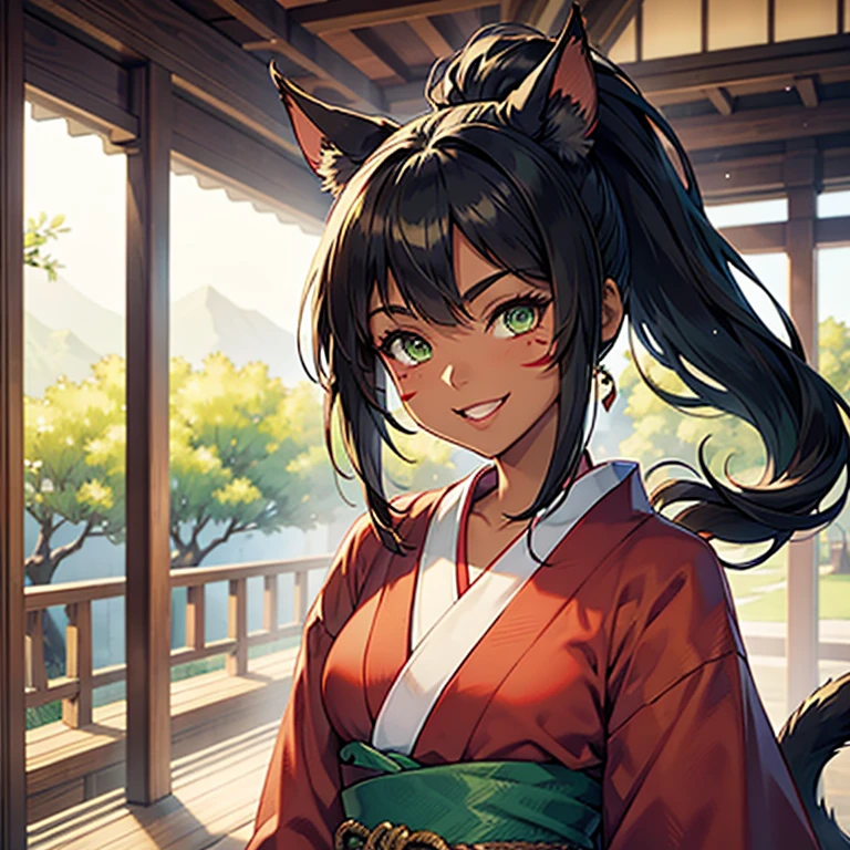 Female Miqo'te Final Fantasy 14, kimono, hakama,;  Dark hair, Green eyes, ponytail , brown skin tone, tanned skin, cat's tail; portrait, smiling face, tribal mark, exterior scene,