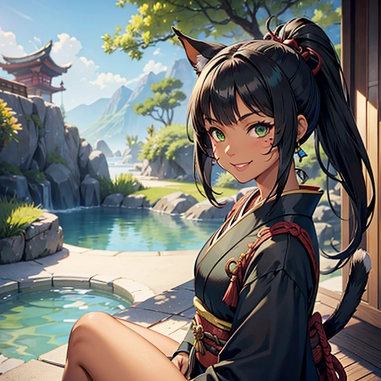 Female Miqo'te Final Fantasy 14, kimono, hakama,; Dark hair, Green eyes, ponytail , brown skin tone, tanned skin, cat's tail; portrait, smiling face, tribal mark, exterior scene,
