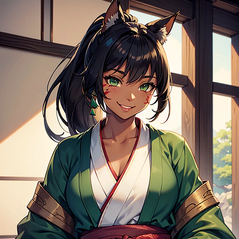 Female Miqo'te Final Fantasy 14, kimono, hakama,;  Dark hair, Green eyes, ponytail , brown skin tone, tanned skin, cat's tail; portrait, smiling face, tribal mark, exterior scene,