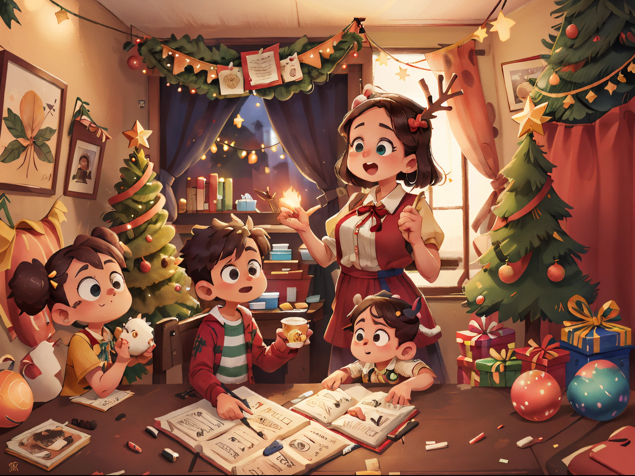 Durante uma festa de Natal, as "Pillipillias" They helped set up the tree and decorate the house with Christmas decorations. They understood that Christmas was a special time to celebrate the birth of Jesus and share love with family and friends.: 0.8), (obra-prima: 1.2) (realista: 1.2) (Bokeh) (melhor qualidade) (pele detalhada: 1.3) (detalhes intrincados) (8k) (olhos de detalhe) (foc afiado).