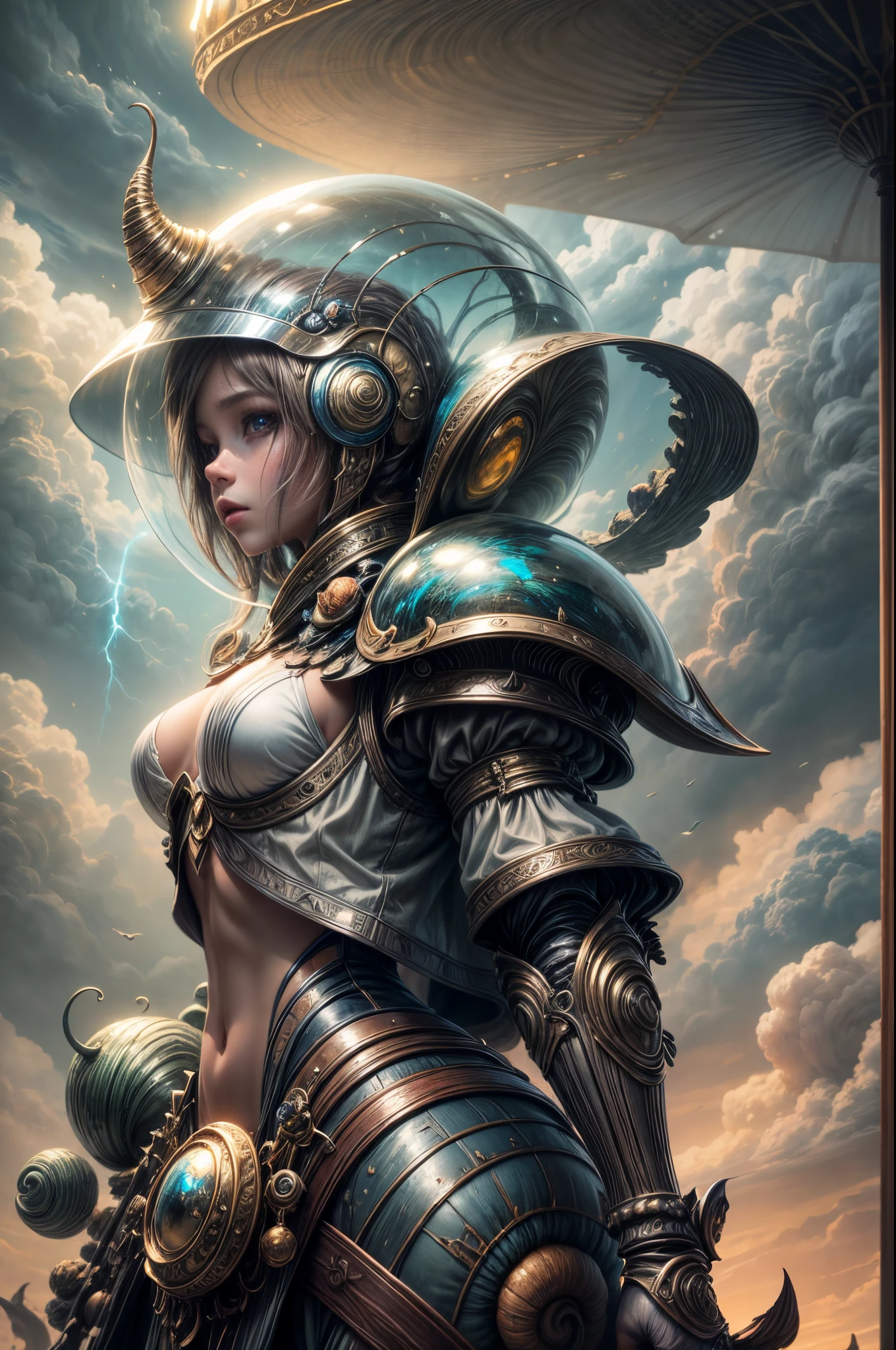 "Painterly depiction of an alien girl, her helmet exuding an otherworldly glow, a mystical snail companion, and dreamy clouds, a masterpiece of the fantastical."