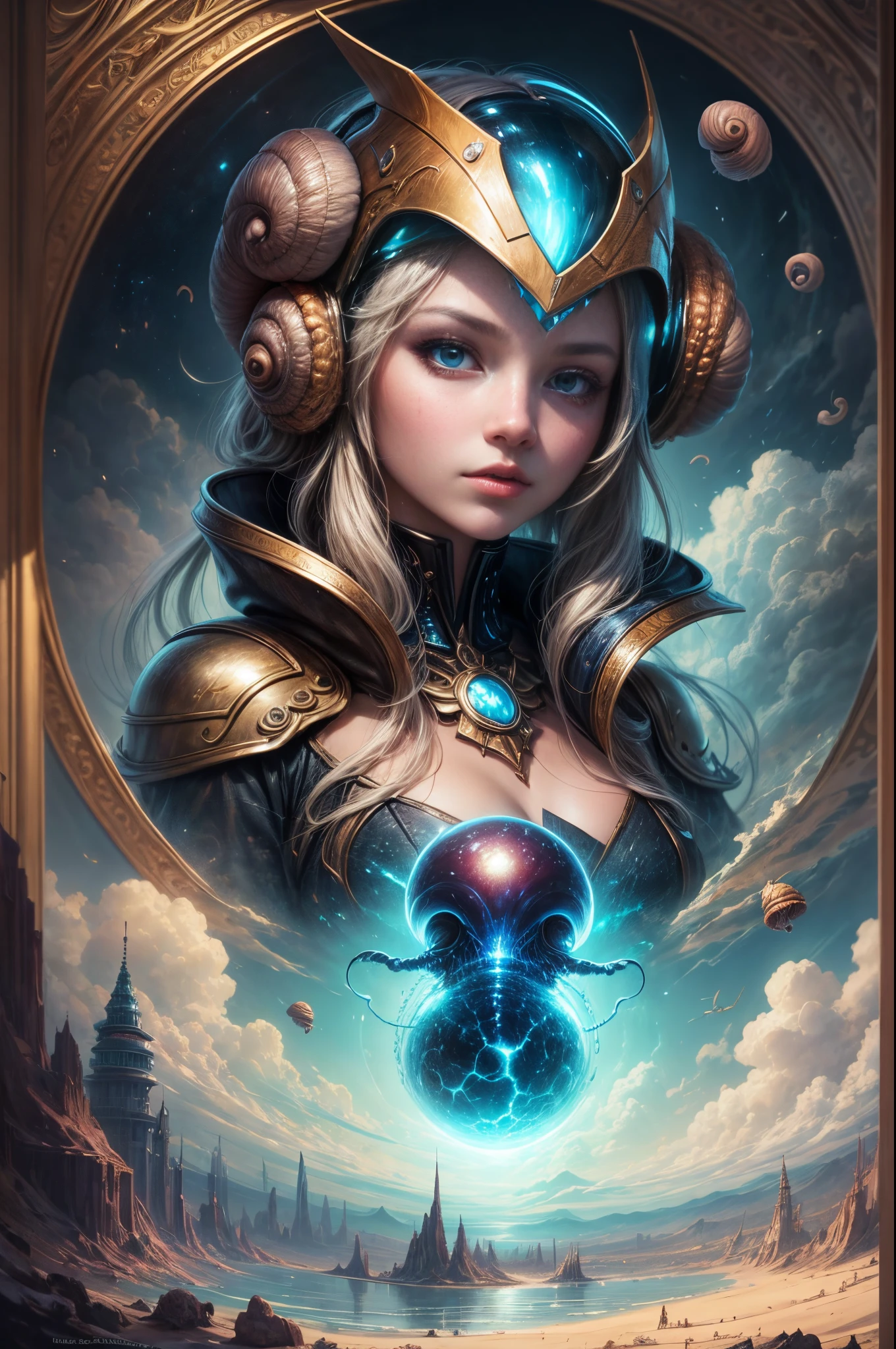 "Painterly depiction of an alien girl, her helmet exuding an otherworldly glow, a mystical snail companion, and dreamy clouds, a masterpiece of the fantastical."