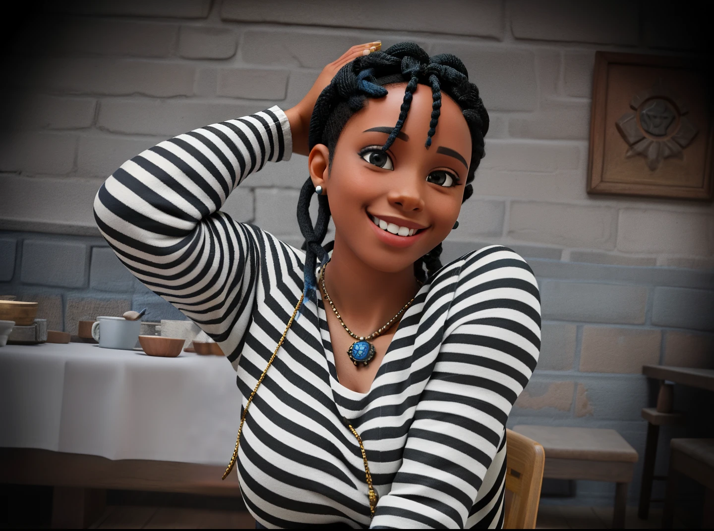 a portrait photo of a black girl, smiling, tattoo, blue dreads, (folk dress:1.3), Ukrainian short dress, pronounced femininefeature, insane details, intricate details, hyperdetailed, complex background, medieval tavern, indoors