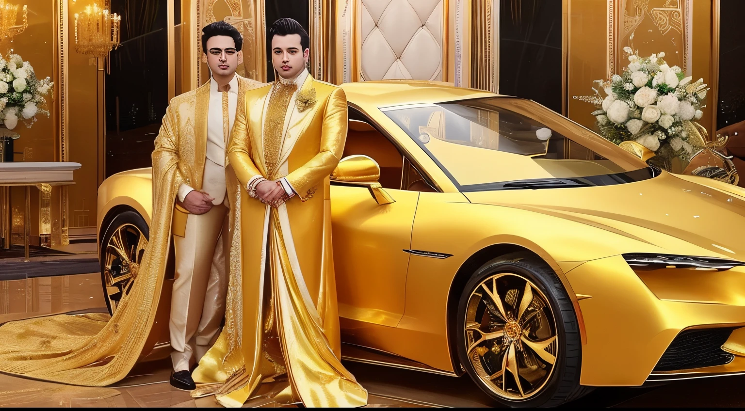 araffes dressed in gold standing next to a gold car, edited, flaunting his wealth, luxurious wedding, celebrity, look at the details, gold suit, golden detailing, indian empress, bejewelled and encrusted royalty, gold body, gold theme, masterpiece', instagram photo, futuristic royalty, royal gown, 🕹️ 😎 🔫 🤖 🚬, gold cloth