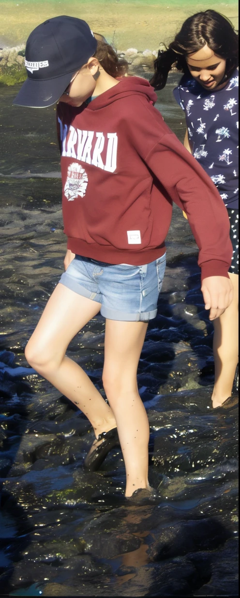 there are two girls, walking in the water holding hands, Beine sichtbar, Kurze Hosen tragen, kleine Beine, Nahaufnahme auf Beinen, Kurze Beine, Normale Beine, wears shorts, in kurzen Hosen, Tragen von kurzen Jeansshorts, nackte Beine, Oberschenkel Nahaufnahme, lange, thin legs, Rote Shorts tragen, beautiful legs, Nacktes Bein, Beine, an einem Strand, Hot-Hosen