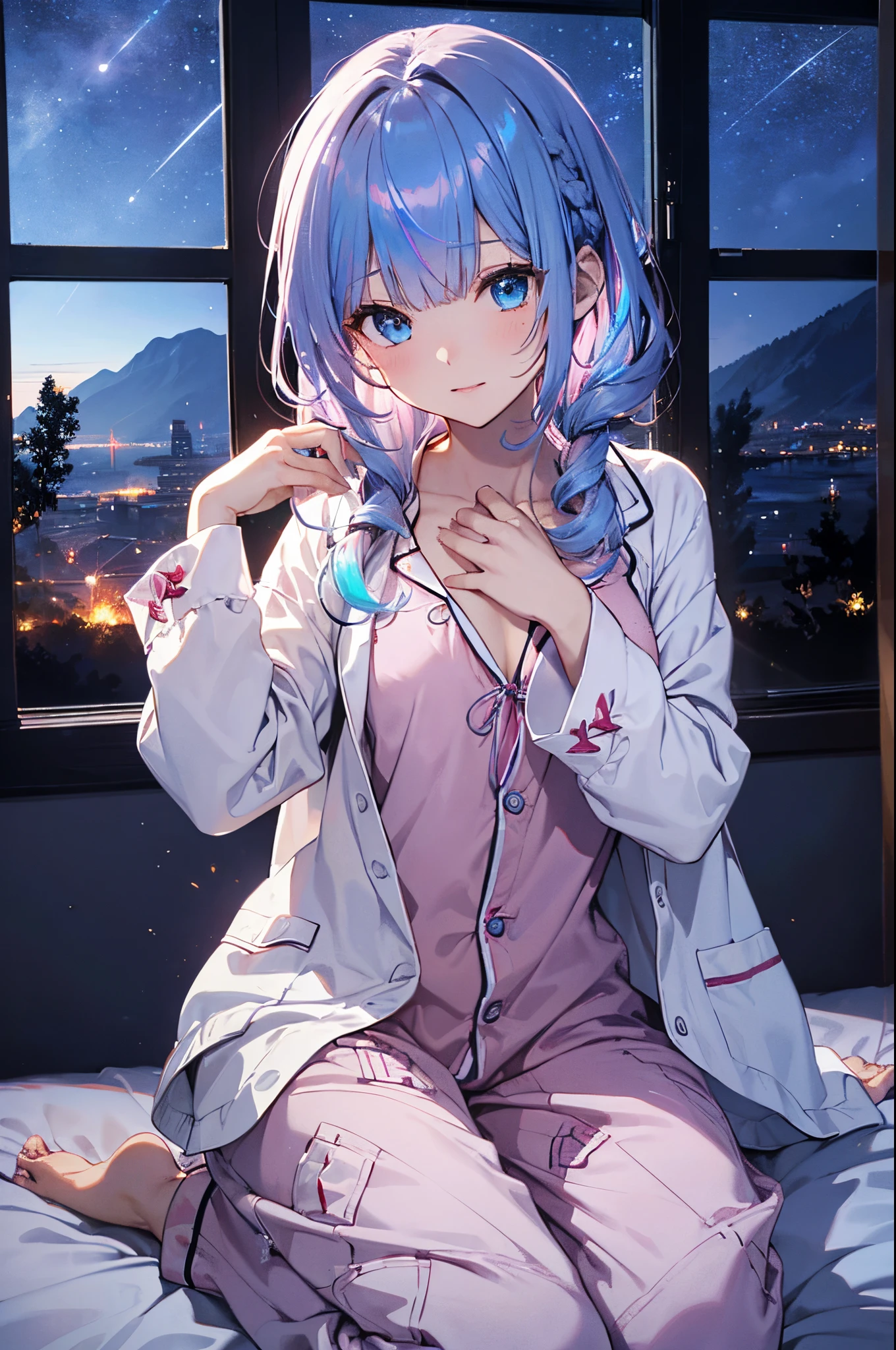 ((8k, Highest quality, masterpiece: 1.3)),Ultra-high resolution,(1 girl, alone), (Color changing eyes, Ultra-detailed, Expressive brilliance, Glitter, Glowing Eyes), Highly detailed eyes, Highly detailed face, Random Hair, ((pastel colour)),A playful young woman with pastel blue hair styled into a loose ponytail, sitting at her vanity in her softly lit bedroom during a quiet evening. She is dressed in a simple yet subtly sexy nurse cosplay, wearing a white dress with a red cross on the chest and a small nurse's cap perched on her head. The camera captures her from a slightly low angle as she smiles warmly while holding a stethoscope, her expression full of care and kindness. The room is warmly lit by a bedside lamp, with a few medical books on the vanity, a cozy blanket draped over the bed, and a calming, comforting atmosphere, (nsfw:1.3)