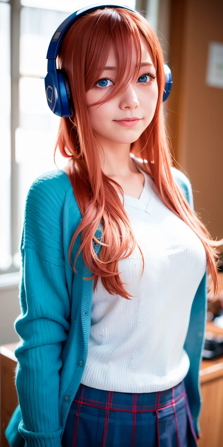 best quality, ultra high res, (photorealistic:1.4), blue eyes, looking at viewer, blush, red lips, full bust shot, eenage girl with pink red hair, one long strand of hair falling across her face, long strand of hair covering her nose, headphones down, hair in her headphones, skinny, asian facial traits, aamiku, Nakano Miku from The Quintessential Quintuplets, real life Miku Nakano, cowboy shot, straight hair, dark blue eyes, sparkling eyes, blue headphones around neck, light blue sweater, collared white shirt, green pleated skirt, school uniform, shy smile, blushing