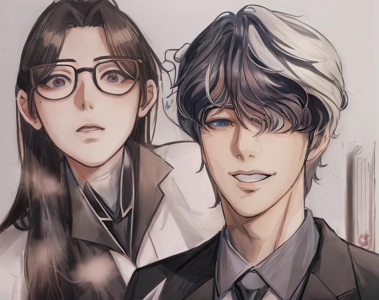 anime image of a man and a woman in formal attire, manhwa, webtoon, webtoons, high quality fanart, official fanart, in the art style of bowater, inspired by Kim Eung-hwan, in manga style, detailed fanart, nixeu and sakimichan, !!wearing glasses!!, kda and sam yang, inspired by jeonseok lee