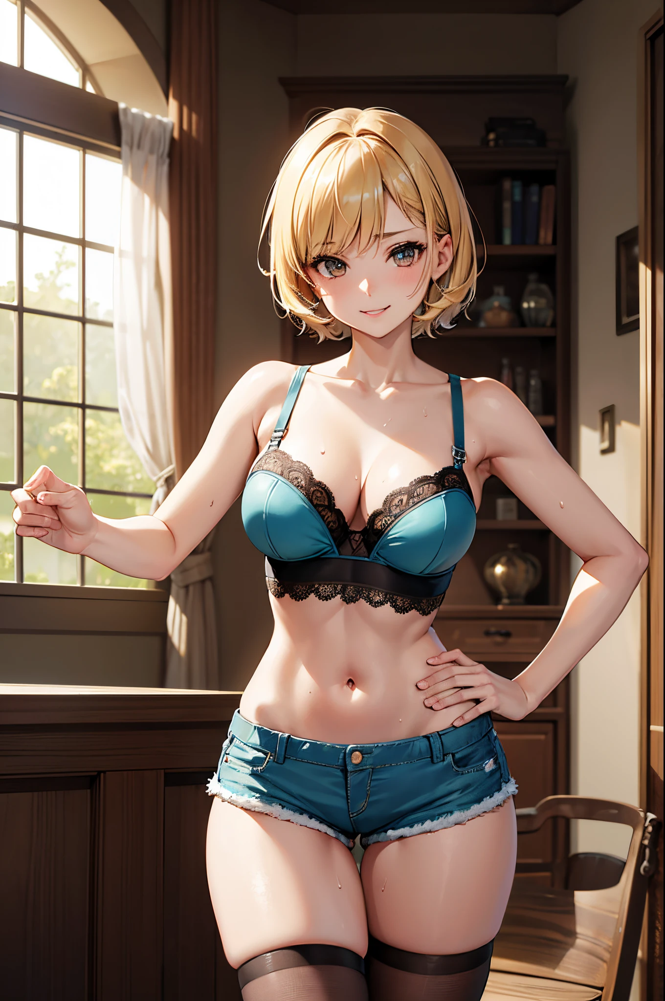 masterpiece,best quality,best aesthetic,anime,ultra detailed,hikaru_r,short hair,blonde hair,1girl,brown eyes,teal shorts,short shorts,boyshorts,blue bra,wide hips,large breasts,navel,midriff,underwear only,cowboy shot,standing,sexy pose,seductive smile,relaxed eyes,sweat,living room setting,dark background,very detailed,highly detailed,8k