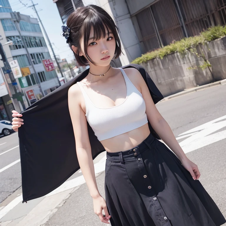((highest quality)), ((masterpiece)), (be familiar with), perfect face, , realistic, , Highly detailed cute girl,26 years old, (skirt lift), ((skirt lift by myself)),Are standing、big breasts, black lace panties、Navel exposed、blush:2.0,half open mouth、parted lips, looking at the viewer ,full body shot , very short hair、white blouse,cleavage、plain black tight skirt,open legs,Muchimuchi,in the city