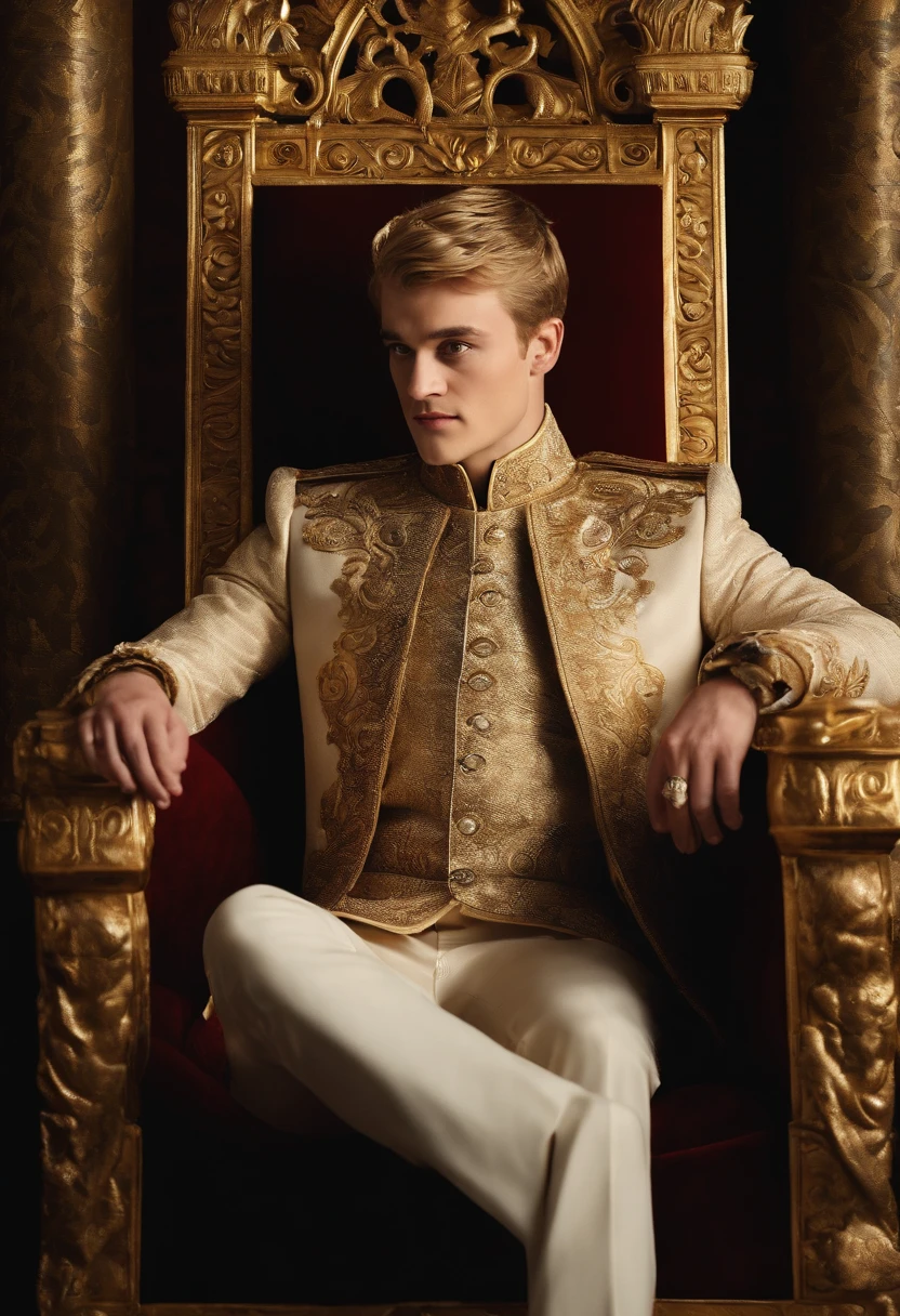 A photo of Joffrey enjoying a lavishly decorated throne room,Game of Thrones TV series,Joffrey Baratheon, a character from “Game of Thrones,” presents with the fair-haired, aristocratic looks typical of the Lannister lineage, often displaying a smug, self-satisfied expression that mirrors his entitled demeanor. His youthful appearance is contrasted by a cold, sneering countenance, and he is usually adorned in lavish, regal attire befitting his status as a prince and later a king.
