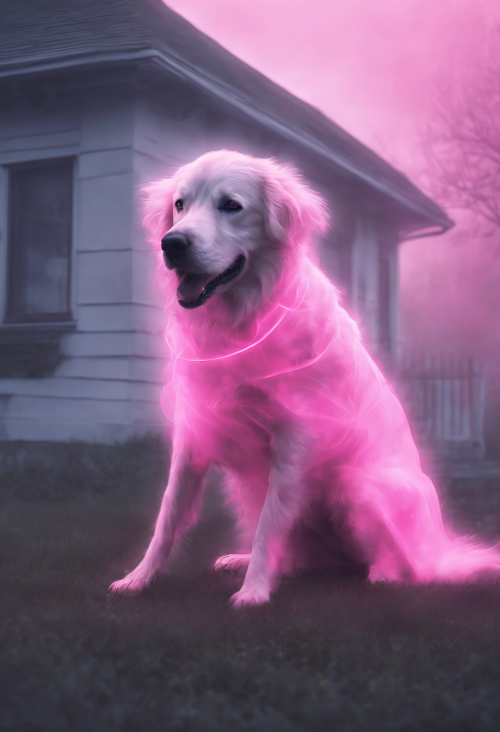 A ghost of a dog guarding the house lawn, a dog pink hologram texture, pink translucent spirit of a dog, spirit dog hologram, low opacity, conceptual art, ghostly form, pink fog around the spirit of the dog, glowing fog intricate ghosty dog, photorealistic, glowing spirit dog, photoreal, hyperrealism