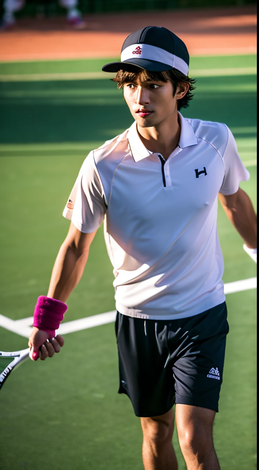 Men's Photos, (wearing tennis_outfit,wearing tennis_hat,),Good Hand, 4K, hight resolution, masutepiece, Best Quality, Head:1.3((Hasselblad photo)), finely detailed skin, Sharp Focus, (Cinematic lighting), Night, soft lighting, Dynamic Angle, [:（Detailed face:1.2):0.2], medium breasts,((Tennis Field))), Beautiful Koreans