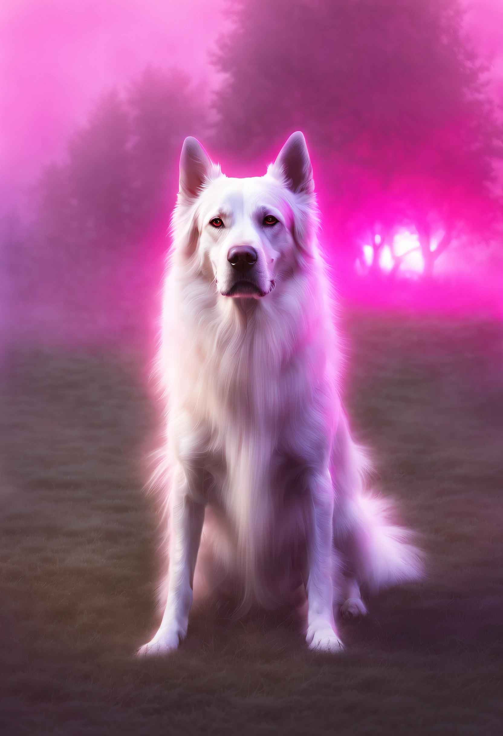 A ghost of a dog guarding the house lawn, a dog pink hologram texture, pink translucent spirit of a dog, spirit dog hologram, low opacity, conceptual art, ghostly form, pink fog around the spirit of the dog, glowing fog intricate ghosty dog, photorealistic, glowing spirit dog, photoreal, hyperrealism