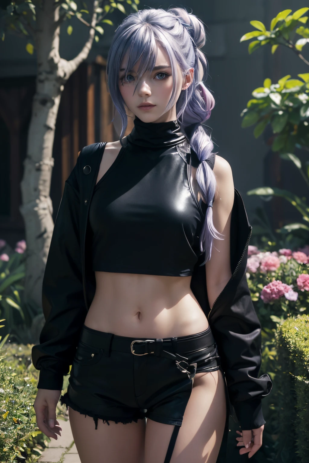 The tooltip for a given topic looks like this: "Girl with a European face, Aryan face, 20years old, Silvery-purple hair, pale purple-blue hair, Bright blue eyes, Her hair is tied up in a bun and falls to her right shoulder. Dressed in a comfortable leather suit, ((black shorts)), Black Leather Leggings, (((clothes in dark colors))), close-fitting clothes, (Best Quality, 4k, 8K, hight resolution, Masterpiece:1.2) Ultra-detailed features, including realistic, Photorealistic eyes and face. The figure shows the media (Insert Material) that resembles an illustration, oil painting, or 3D rendering. Girl in the garden with bright flowers and sharp focus, soft studio lighting. The overall atmosphere is calm and serene, with a touch of unearthly beauty. The color scheme is dominated by shades of black, Creating a dreamy and surreal aesthetic."