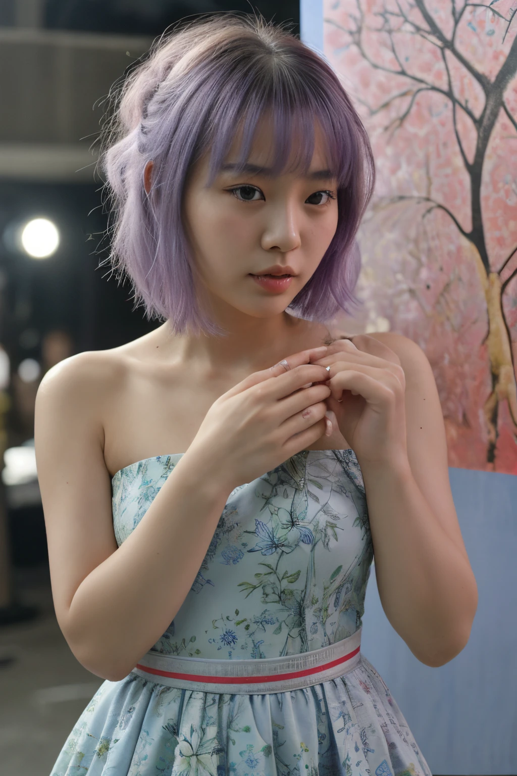 a close up of a woman in a waterfall, korean girl, gorgeous young korean woman, beautiful south korean woman, korean woman, beautiful young korean woman, korean women's fashion model, photo of slim girl model, attractive pose, floral dress, skinny waist and thick hips, jaeyeon nam, tattoo girl, light purple hair, verybadimagenegative_v1.3, ng_deepnegative_v1_75t, (ugly face:0.8),cross-eyed,sketches, (worst quality:2), (low quality:2), (normal quality:2), lowres, normal quality, ((monochrome)), ((grayscale)), skin spots, acnes, skin blemishes, bad anatomy, DeepNegative, facing away, tilted head, {Multiple people}, lowres, bad anatomy, bad hands, text, error, missing fingers, extra digit, fewer digits, cropped, worstquality, low quality, normal quality, jpegartifacts, signature, watermark, username, blurry, bad feet, cropped, poorly drawn hands, poorly drawn face, mutation, deformed, worst quality, low quality, normal quality, jpeg artifacts, signature, watermark, extra fingers, fewer digits, extra limbs, extra arms,extra legs, malformed limbs, fused fingers, too many fingers, long neck, cross-eyed,mutated hands, polar lowres, bad body, bad proportions, gross proportions, text, error, missing fingers, missing arms, missing legs, extra digit, extra arms, extra leg, extra foot, ((repeating hair))