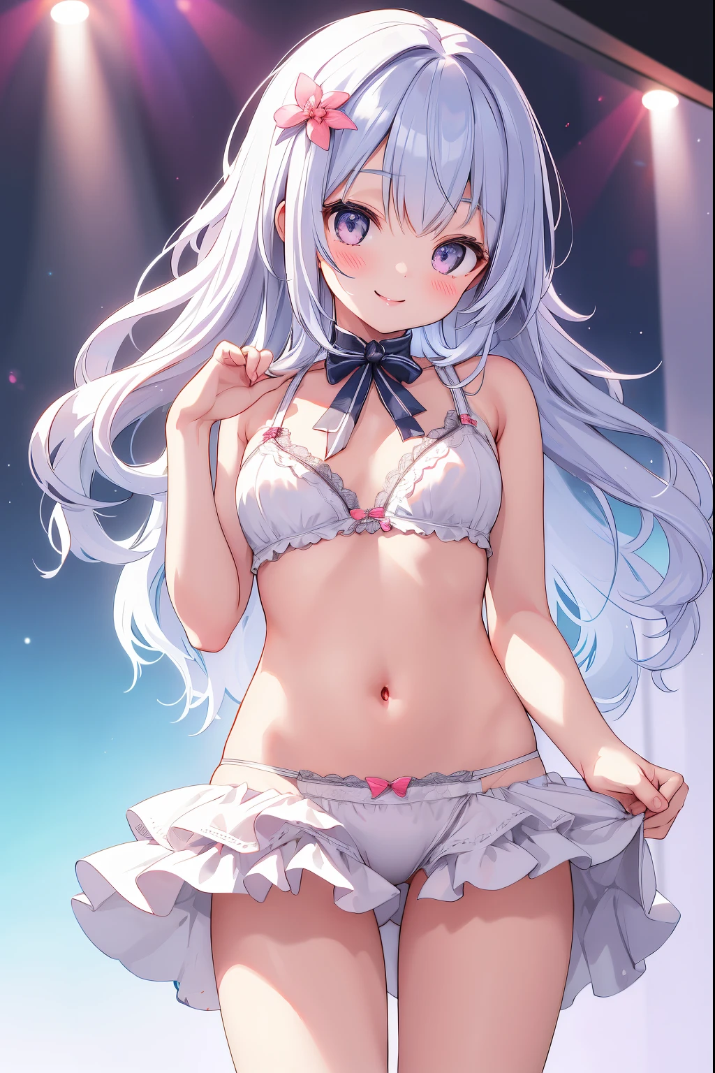 A cute girl with a seductive smile, wearing underwear. (best quality,ultra-detailed), (realistic) lighting, with vibrant colors