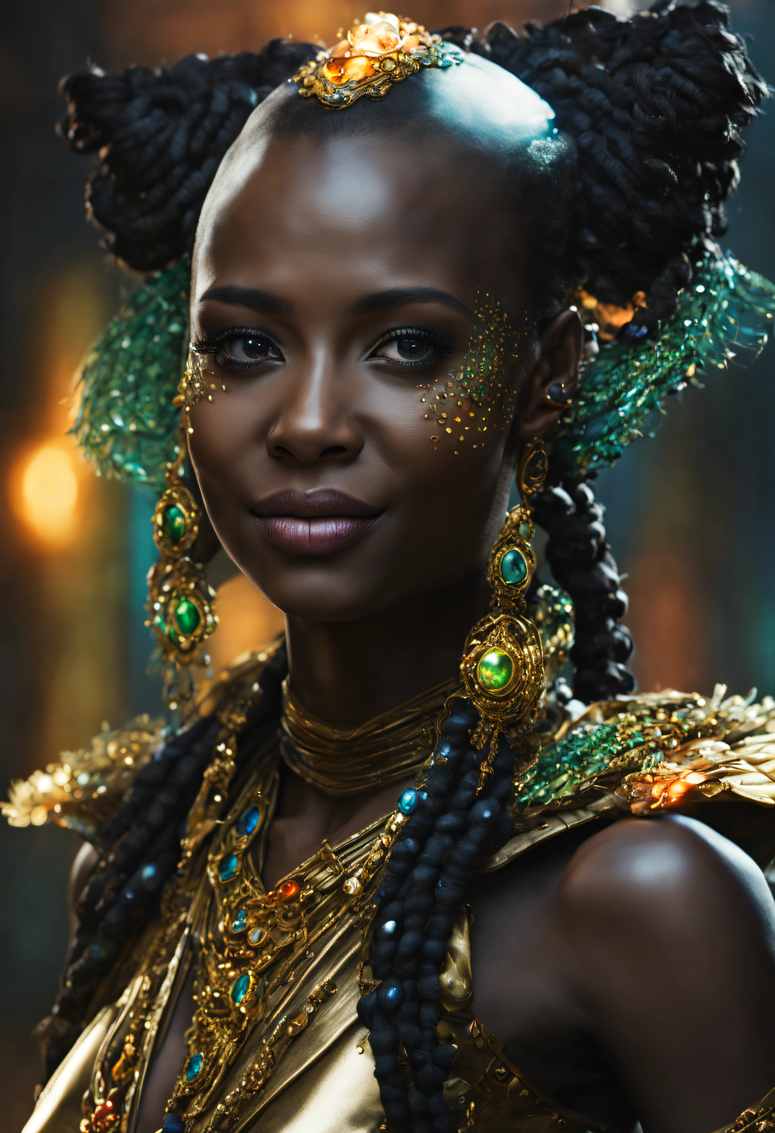 (cuerpo completo) imagen fotorealista, naytiri de avatar,sonriente,ojos verdosos, pelo negro corto , vestida con traje de noche corto con incrustaciones de oro refulgente, piedras preciosas de colores brillantes y diamantes, ((se encuentra en centro de control de estacion espacial). hiperrealista, maxima tinidez de imagen, colores vibrantes. estilo cinematografico.imagen fotorealista