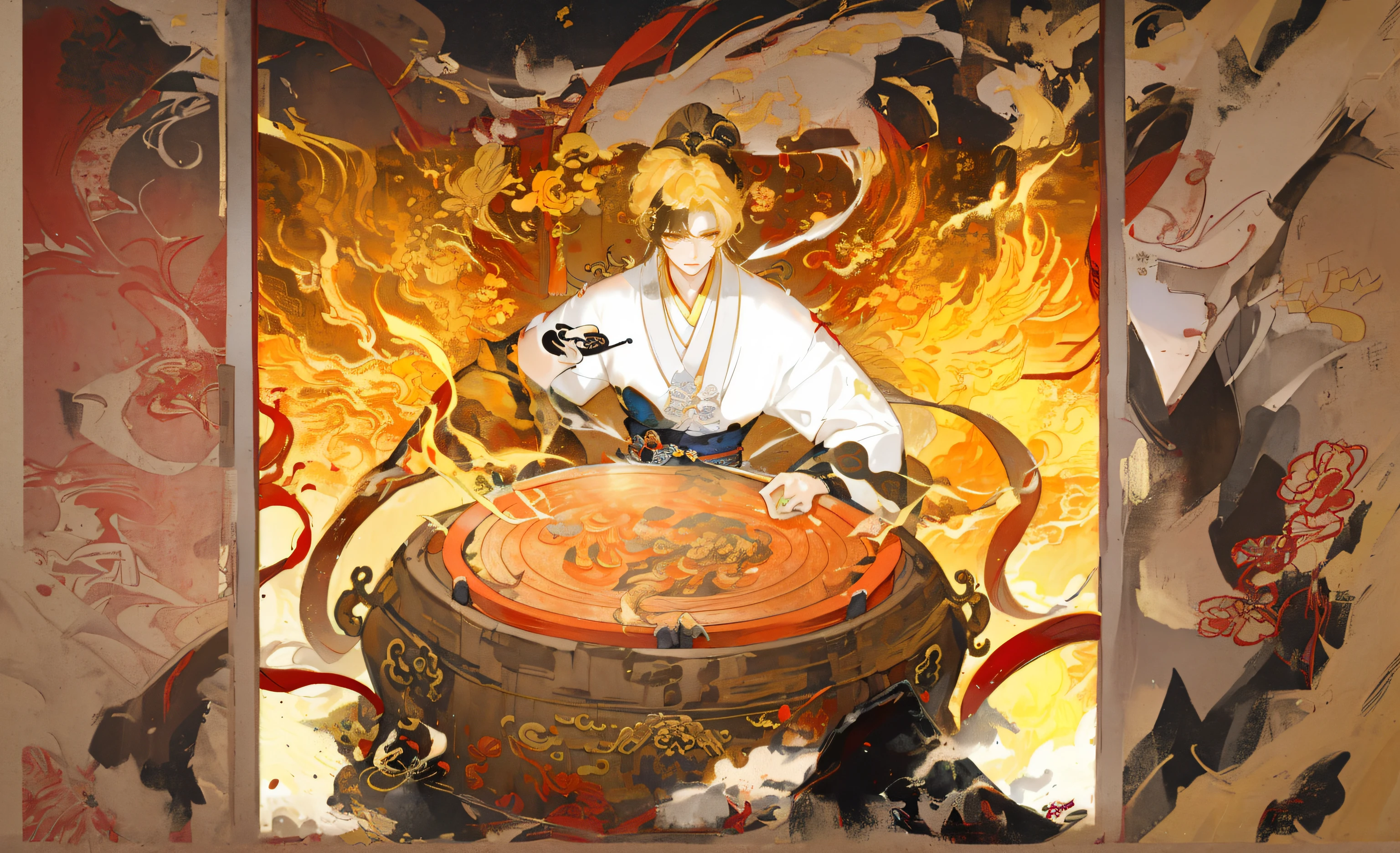 Ink painting and watercolor、Traditional chinese painting、meticuloso、Traditional chinese painting、Oil brush strokes、 Qi Baishi,Wu Guanzhong,Zhang Kechun Yang Zhiguang,Jiang Zhaohe,Liu Guohui,Liu Jiyou Zhang Daqian,Qiu Ying, Handsome guy in ancient China, Tang Dynasty martial arts master, Chinese big breasts,Master of martial arts,Ancient juvenile,Chinese Tang Dynasty,ancient Chinese costume,nobles,royal family,Armed with a Chinese sword,Hanfu sunshine、warmth、A suffocating moment, magical,heartbreaking extreme close-up,Epic ink bending shot,POV perspective,first person perspective,exaggerated perspectives(epic graphics)(The characters are more delicate and handsome in ancient China -niji 5 8k,hyper HD)(A man holding a stick in his hands,drumming)(The background is golden sea of fire,Golden flame,Fire red background,White glowing ancient Chinese auspicious clouds,Hell's Flames,Fiery red,Flowing satin:1.3)(hd q2)