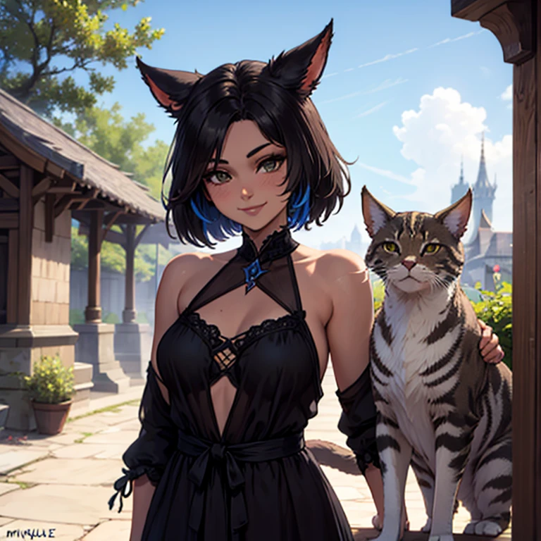 1 fille, Miqo'te Final Fantasy 14, tattered clothing , Dark Hair, Yeux verts, queue, Couleur brune, tanned skin, Queue de chat; portrait, visage souriant, marque tribale, outdoor scene,